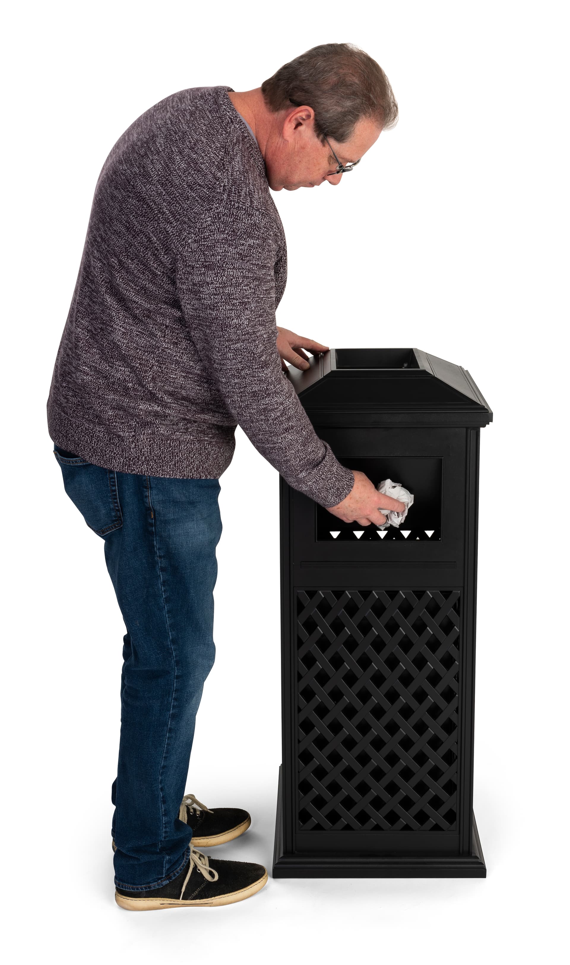 Aluminum outdoor dome trash receptacle has side swing doors for depositing waste