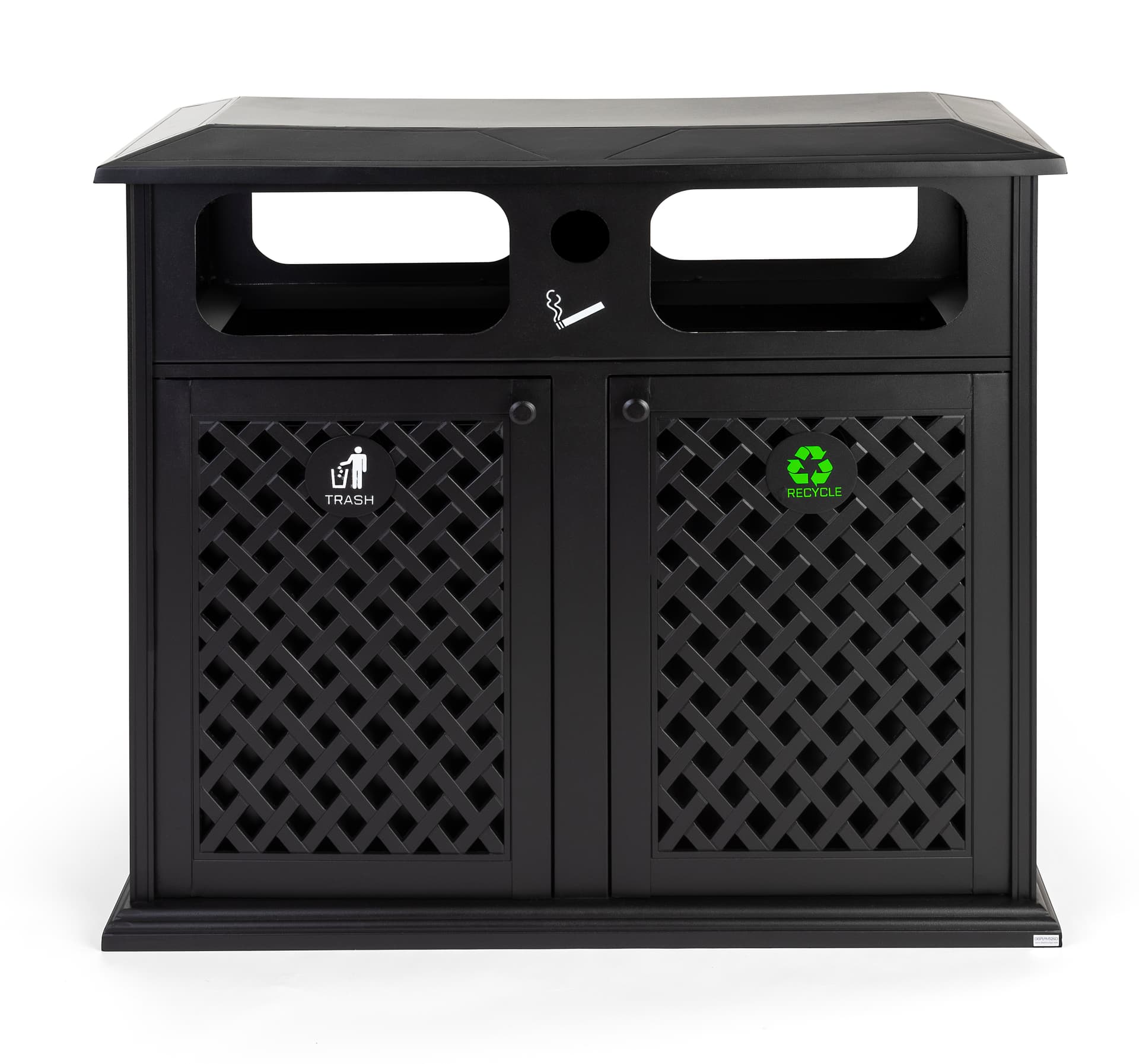 Dual outdoor waste bin has two swing doors