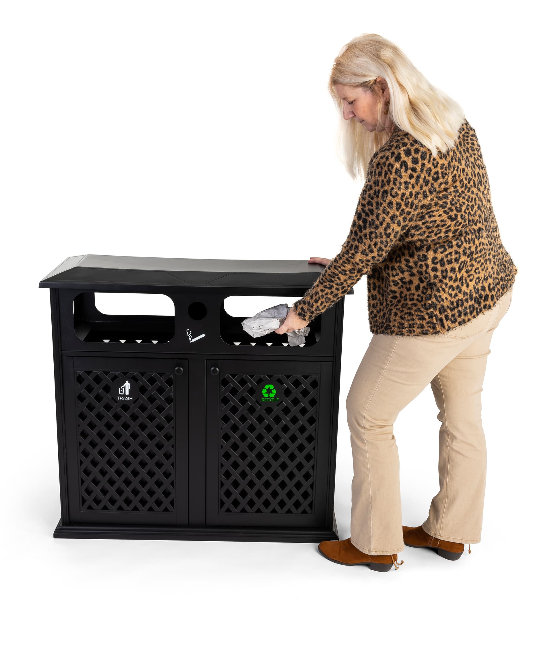 Dual outdoor waste bin wide open slots