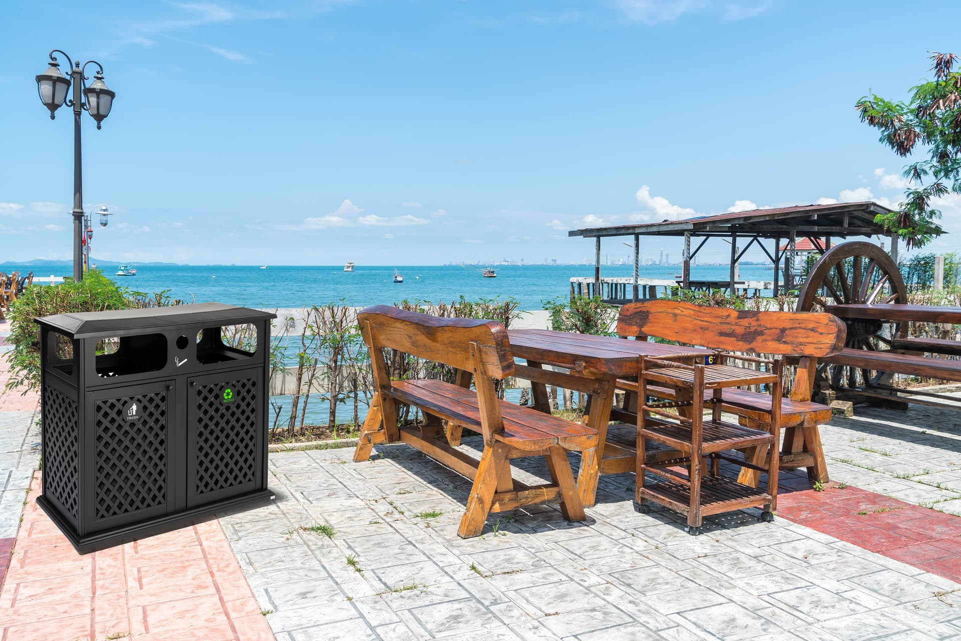 Dual outdoor waste bin has multiple trash deposit openings
