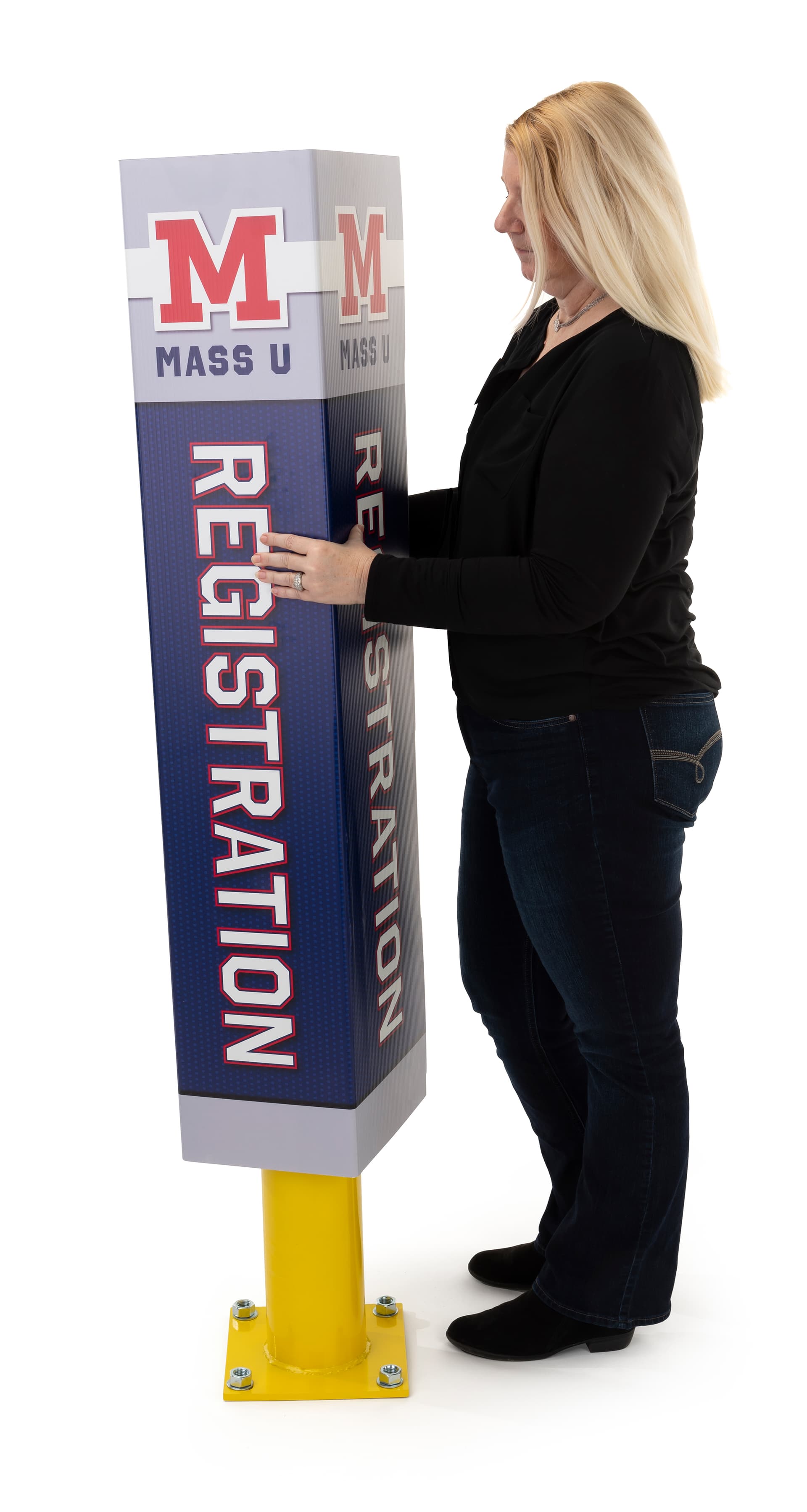 Square advertising bollard sign features easy placement on surface mounted or ground mounted poles