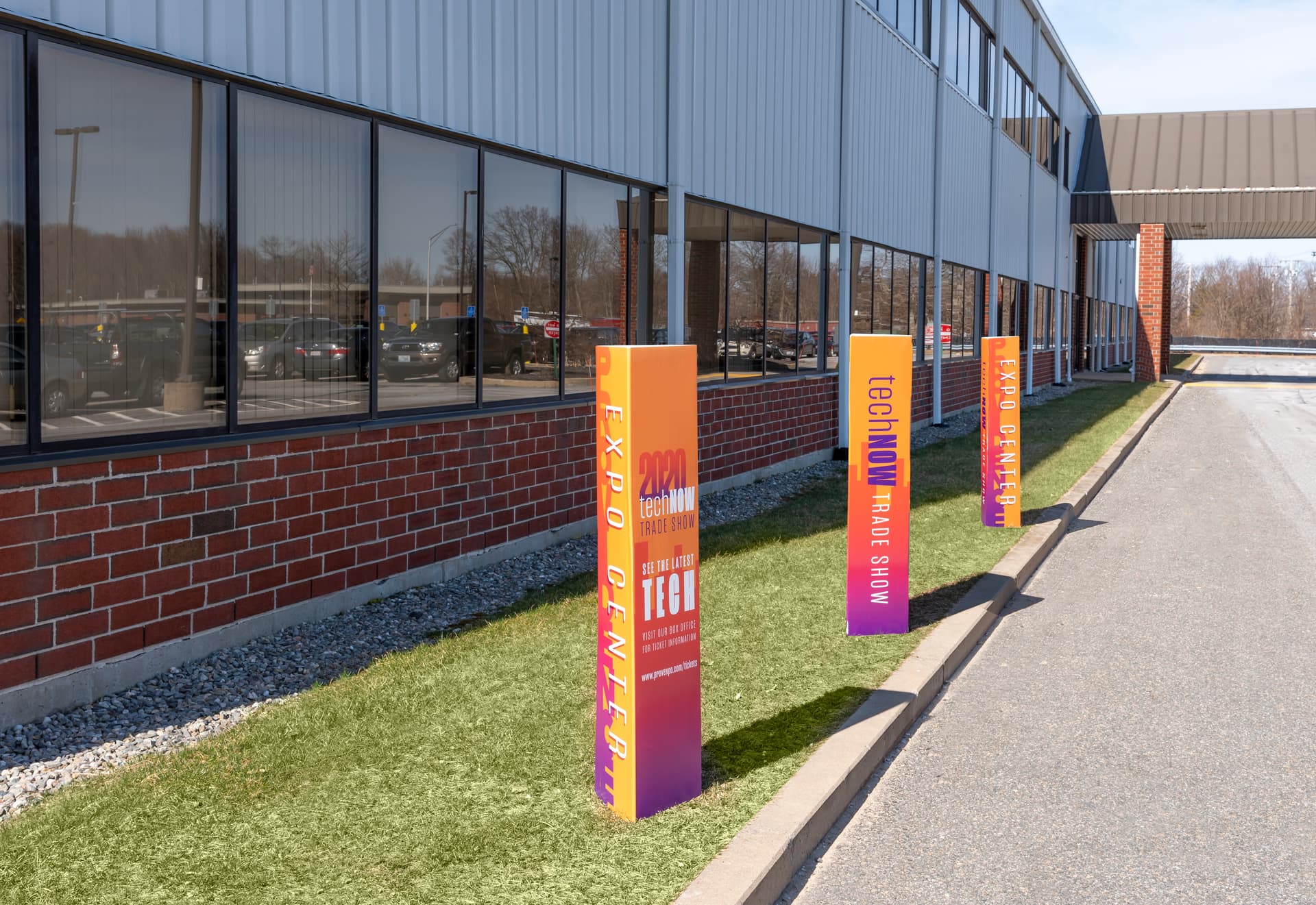 Triangle marketing bollard cover has three panels for different customization opportunities
