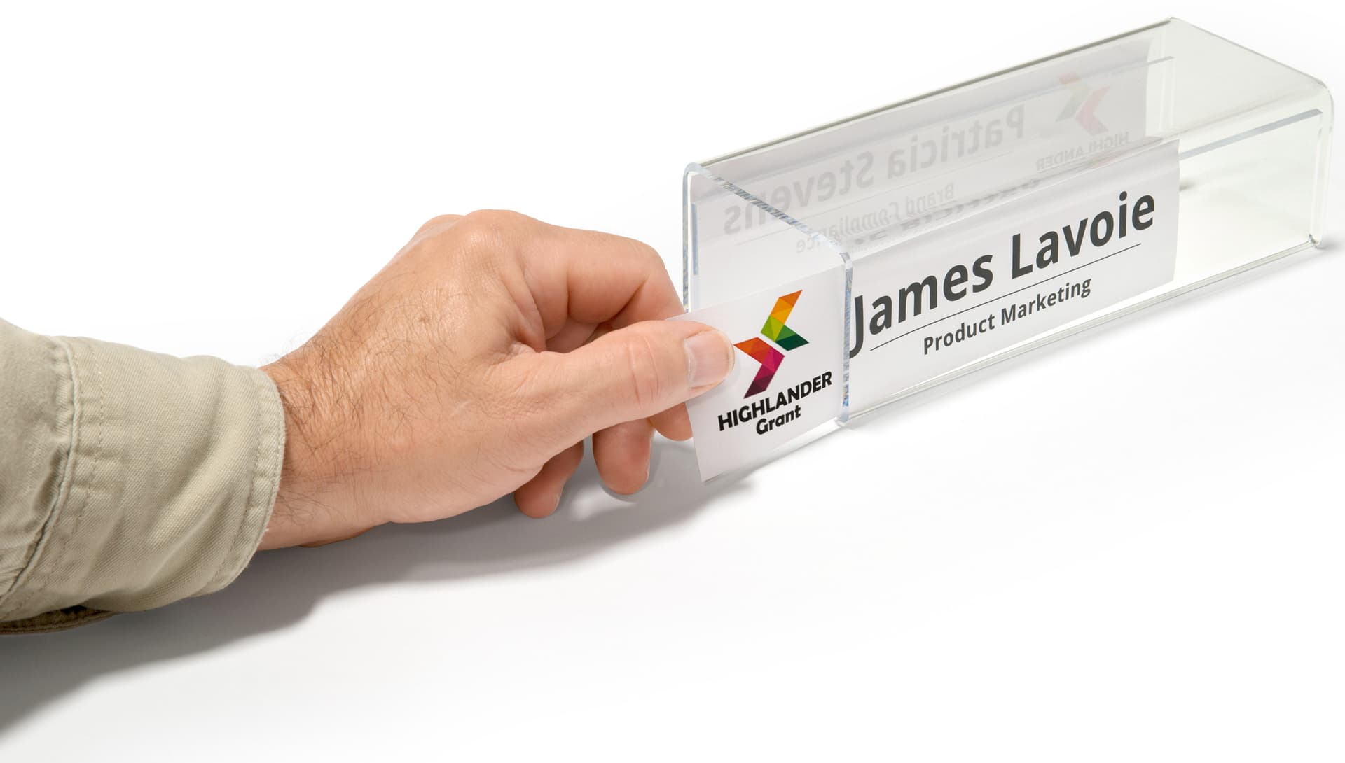 Acrylic cubicle name plate bracket with side insertion for signs