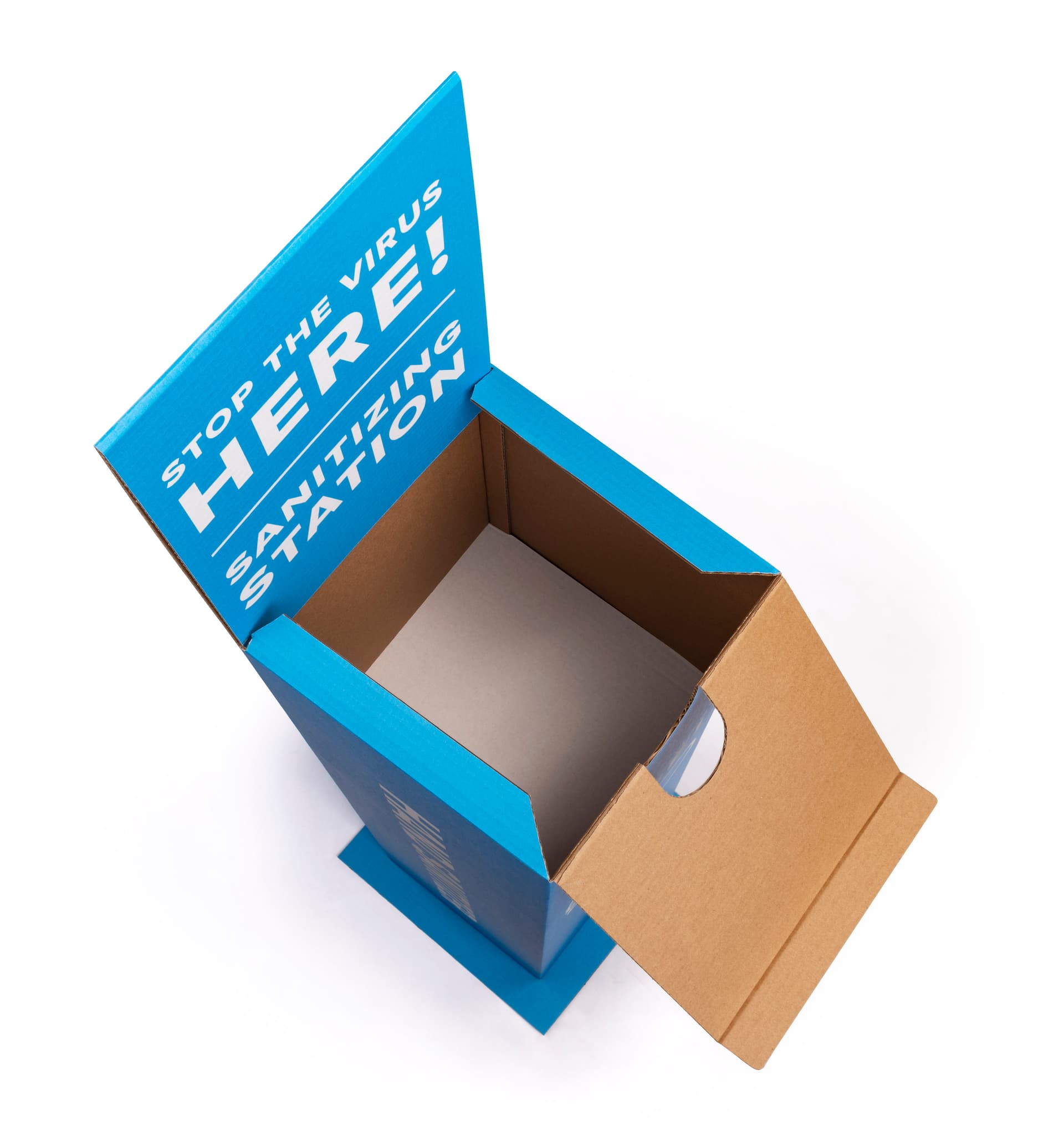 Cardboard hand sanitizer station with 25 pound shelf weight capacity