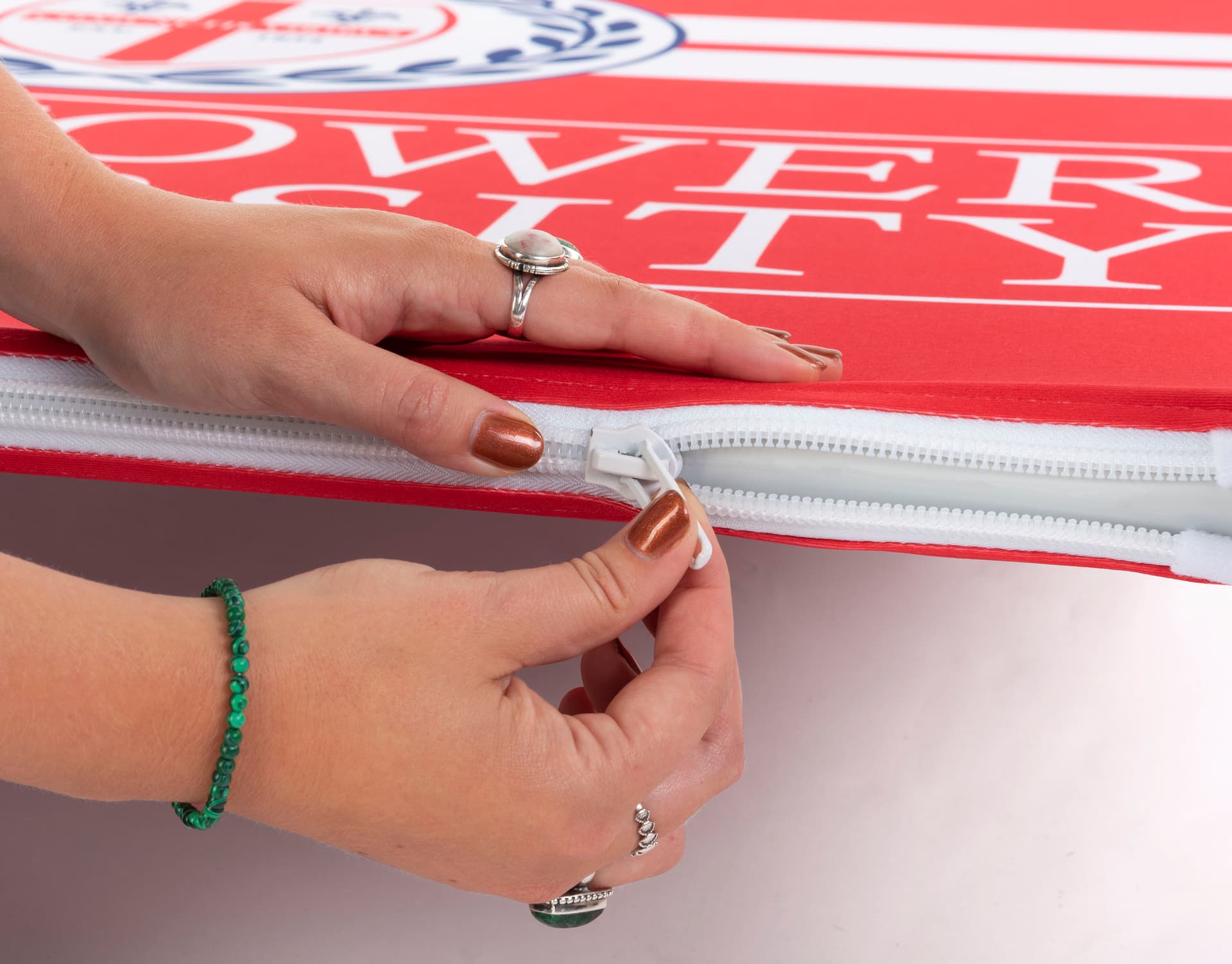 Indoor stretch fabric cafe barrier closes with built-in zipper