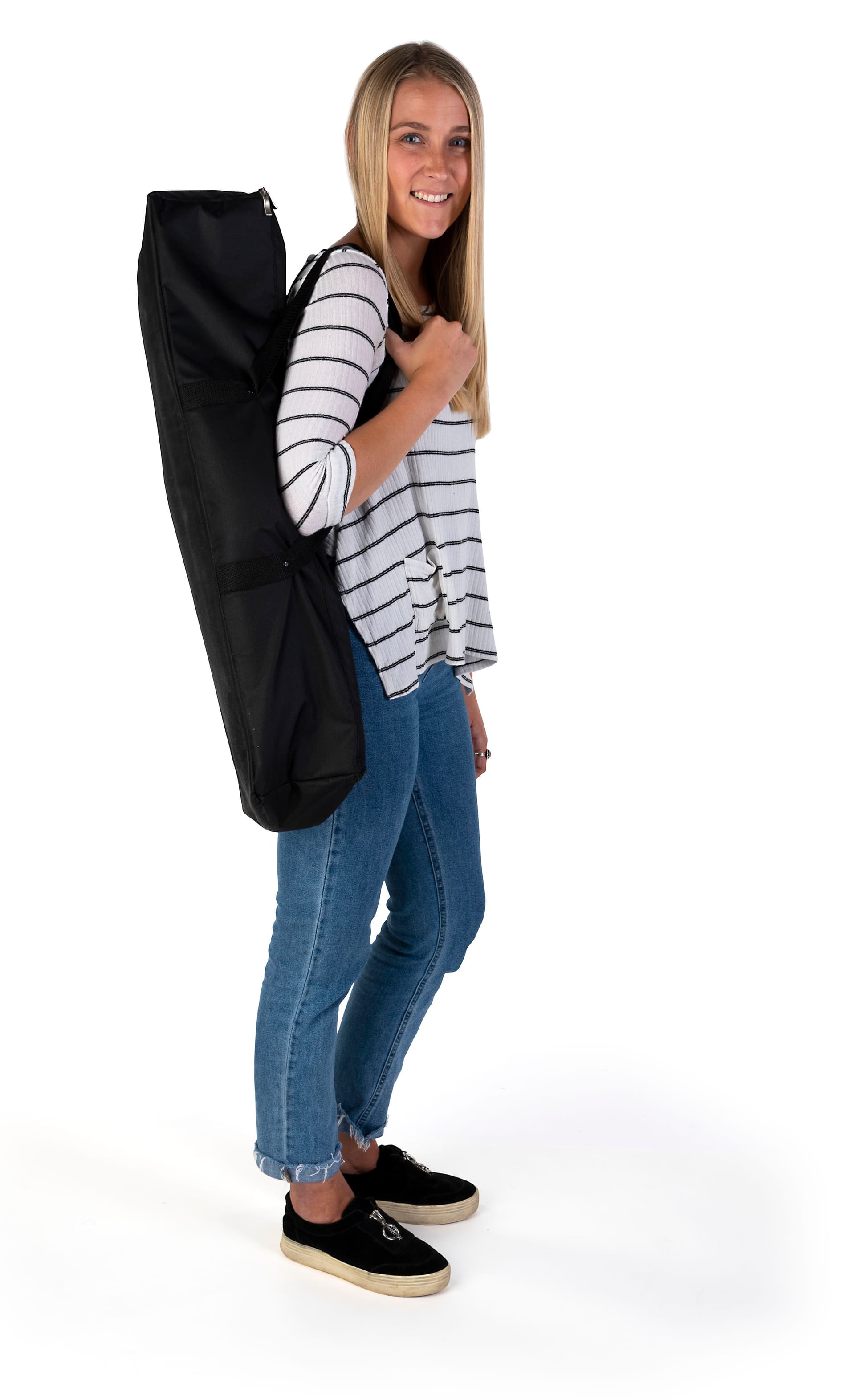 Indoor stretch fabric cafe barrier with convenient black oxford bag for travel