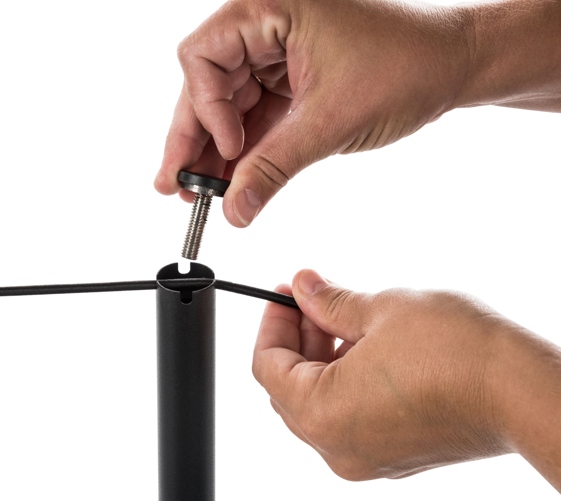 Attaching rope to black low profile exhibit stanchion  