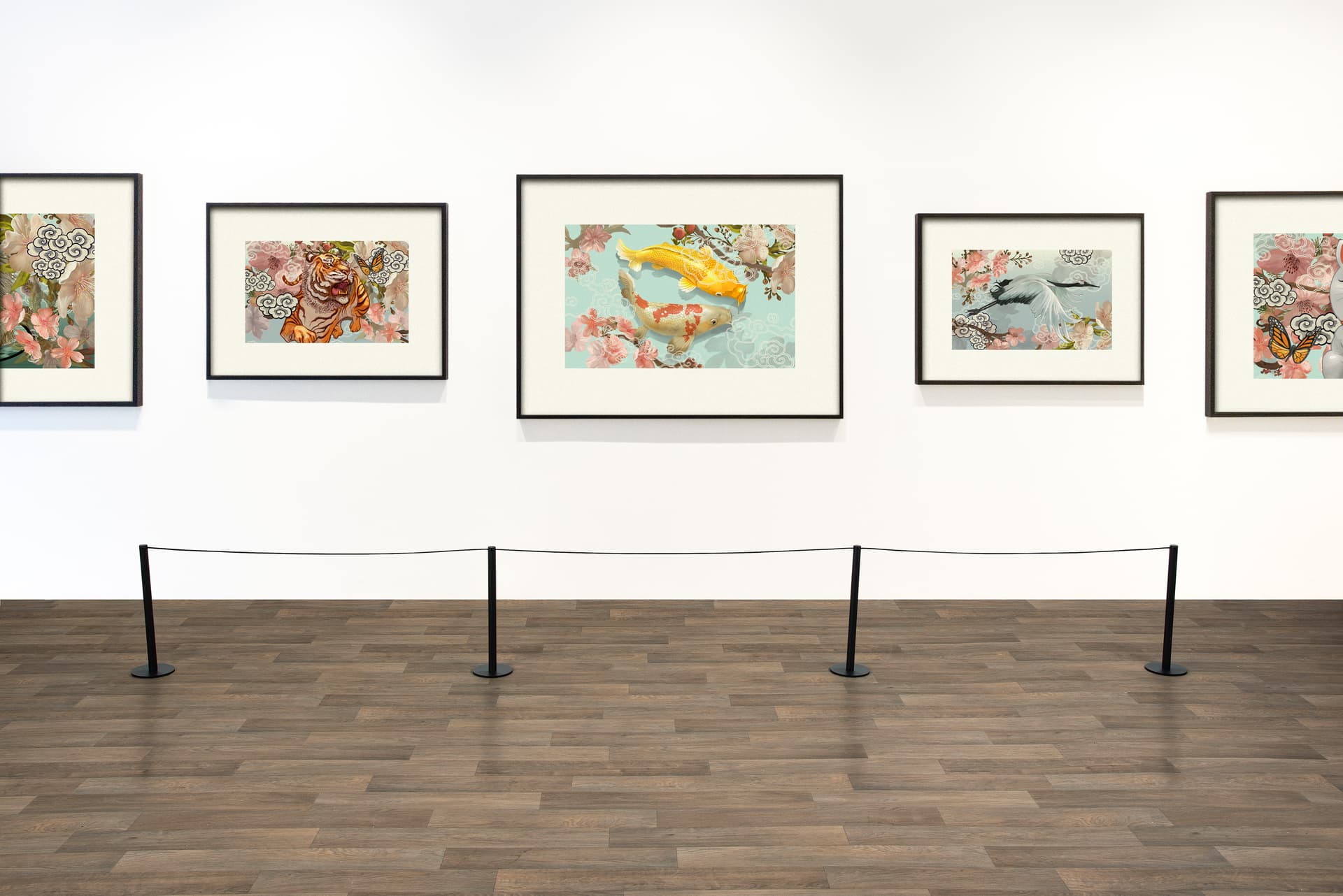 Floor mount gallery stanchion with minimal aesthetic