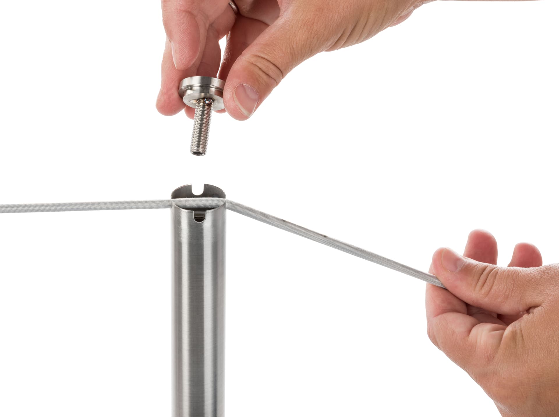 Attaching Rope to Silver Exhibit Stanchion