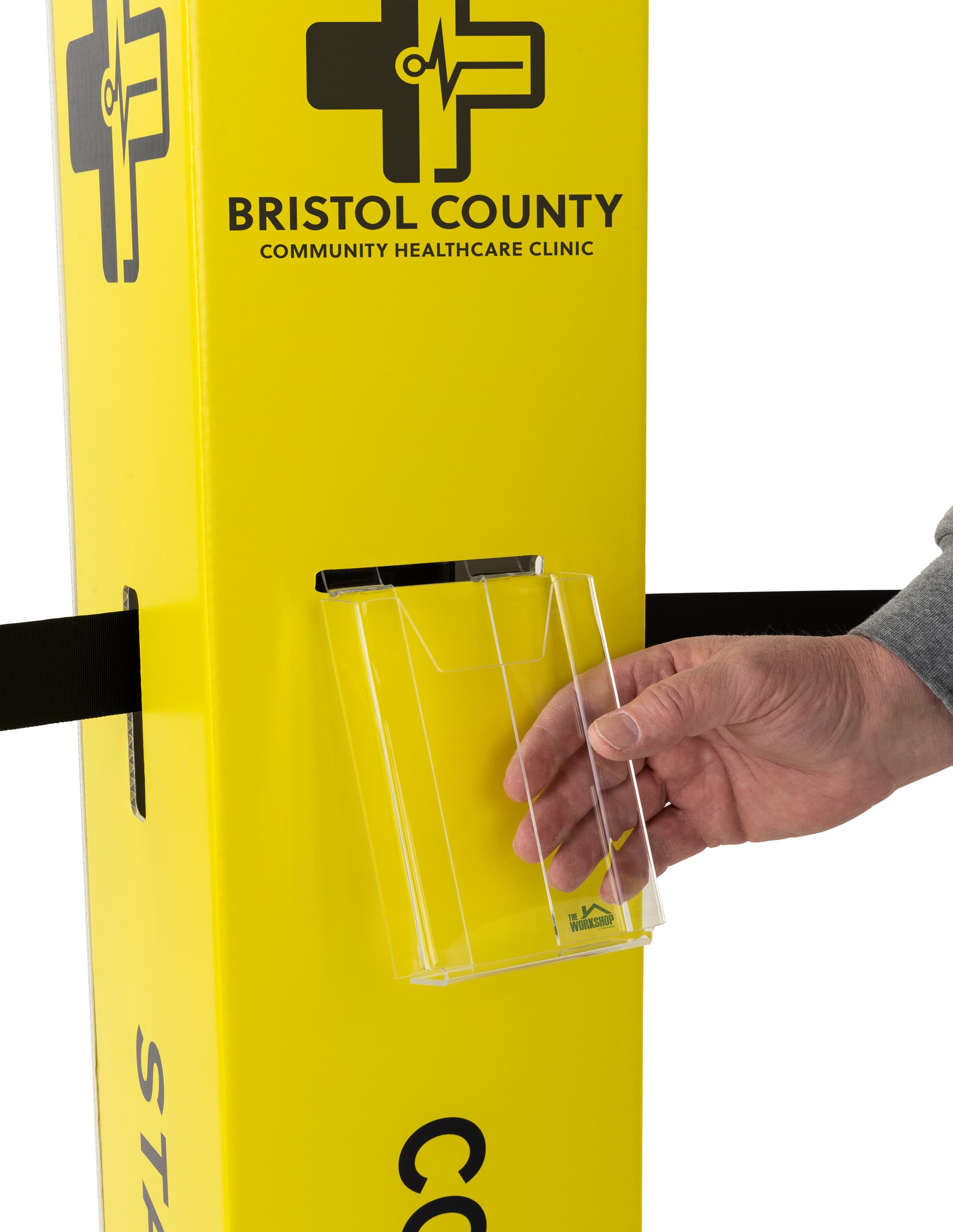 Custom stanchion sleeve with pamphlet holder made of acrylic material