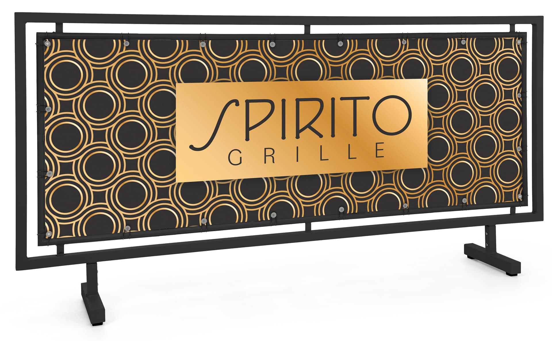 Black outdoor cafe barrier with custom printing