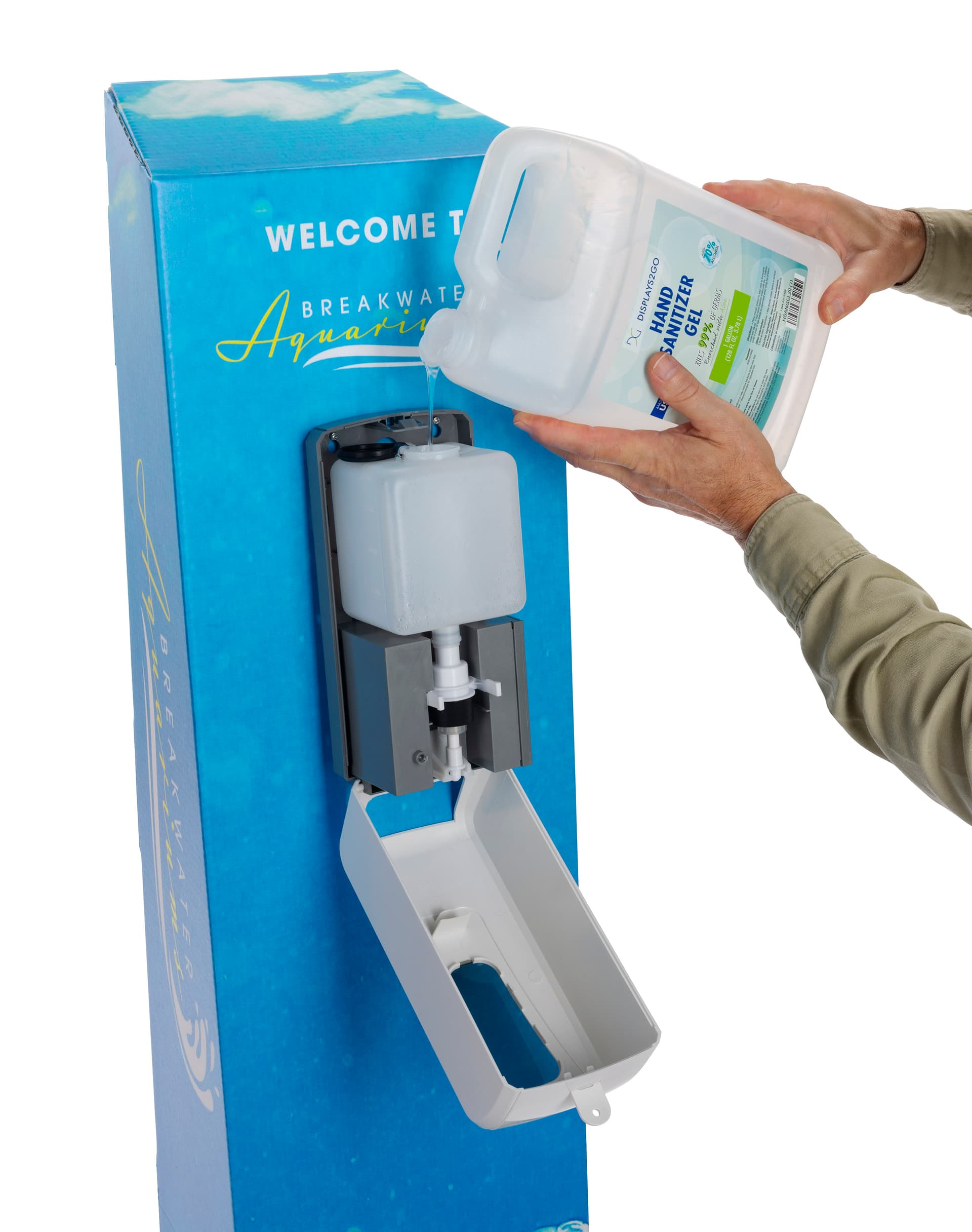 Custom cardboard sanitizer floor dispenser uses standard cleansing gel