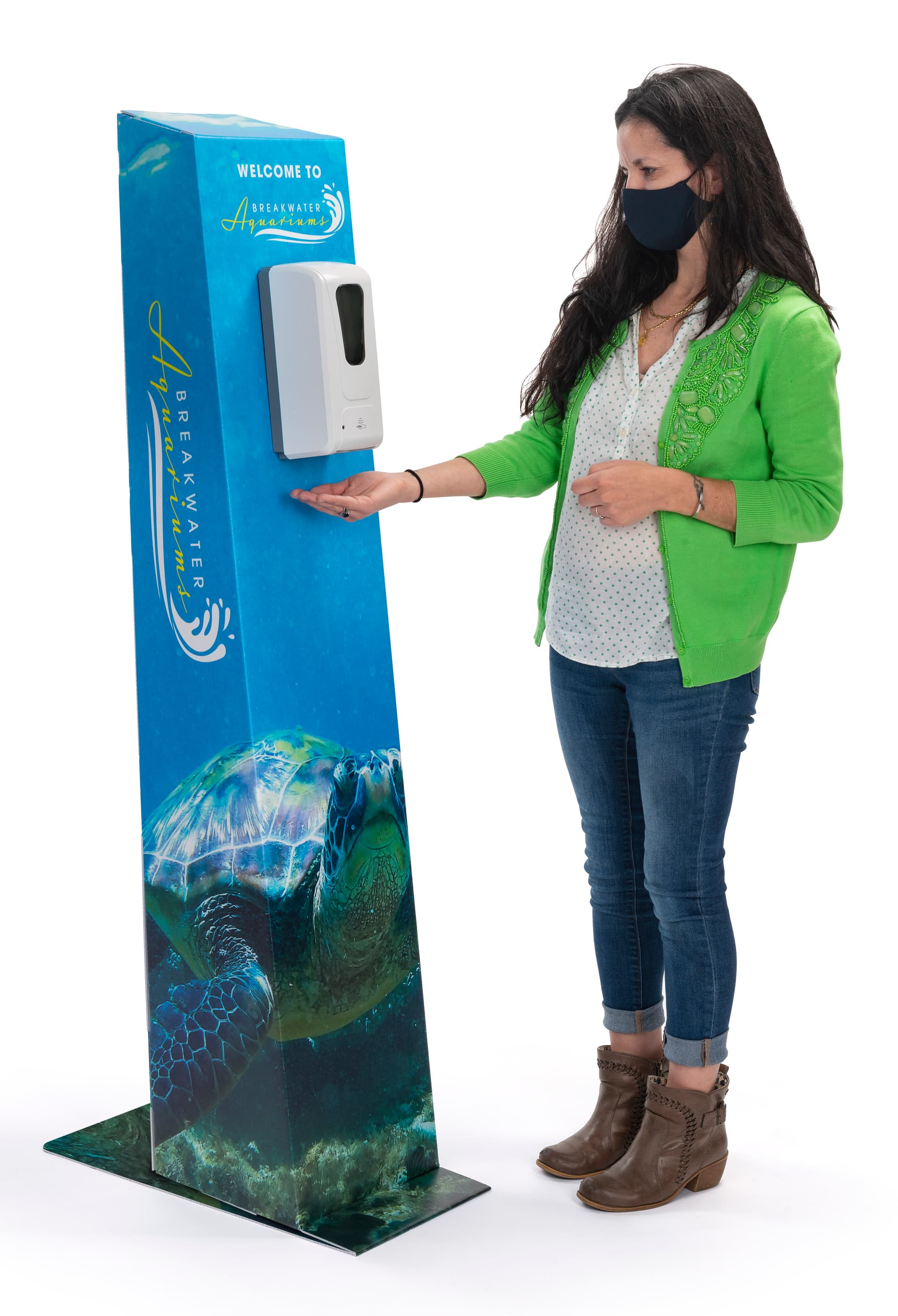 Custom cardboard sanitizer floor dispenser ships flat