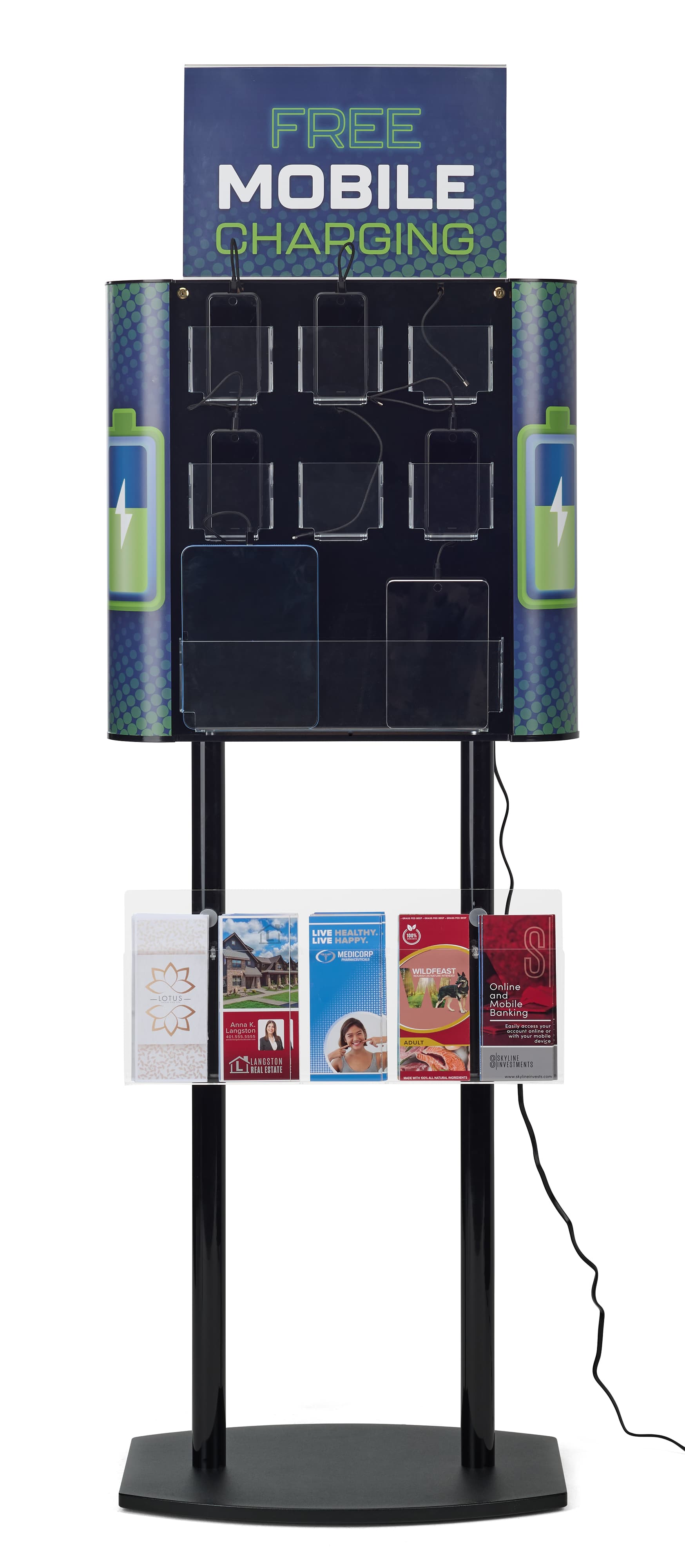 Public charging kiosk with attachable 5 pocket acrylic literature holder