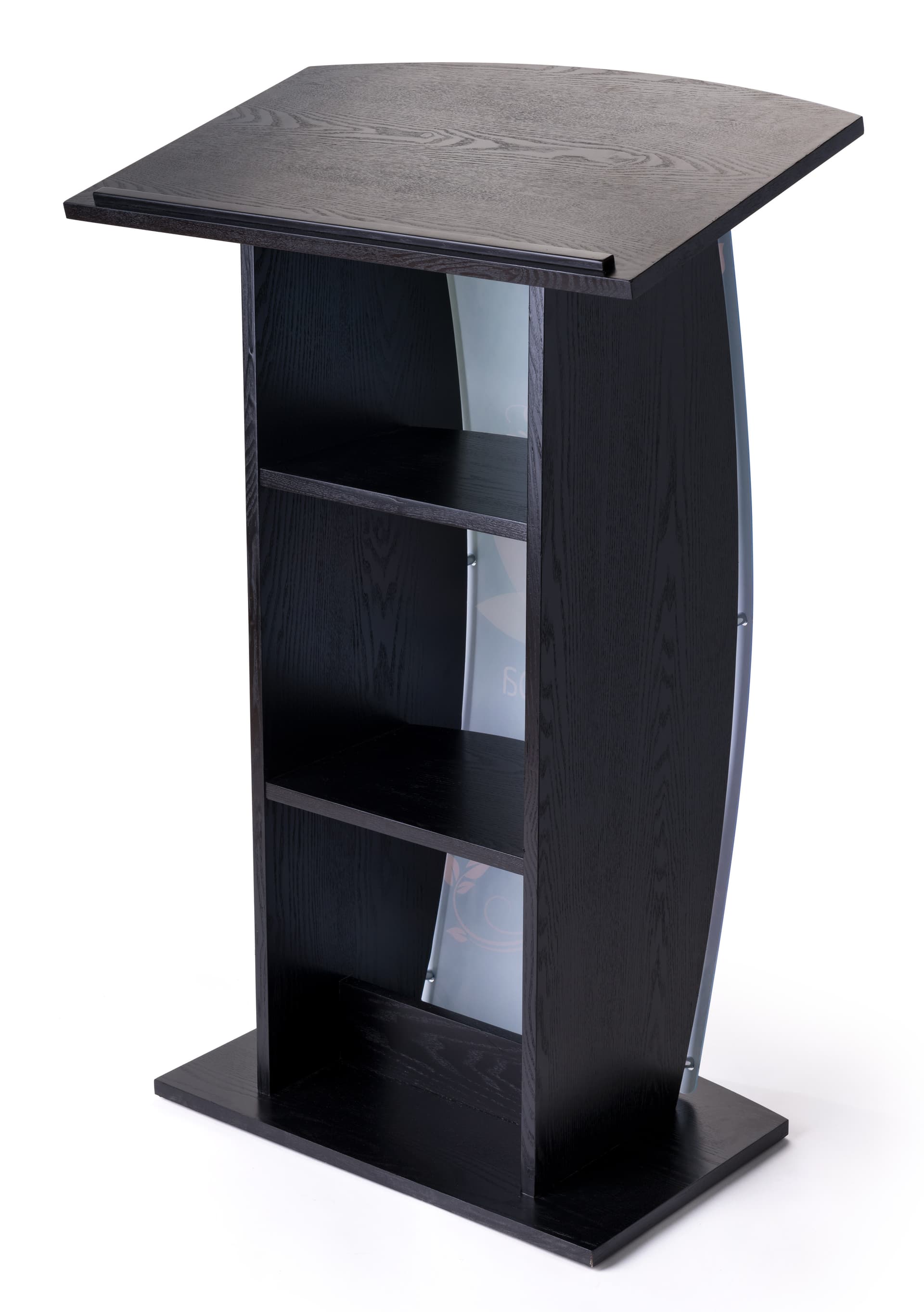 Contemporary curved lectern with custom panel and 2 built-in shelves