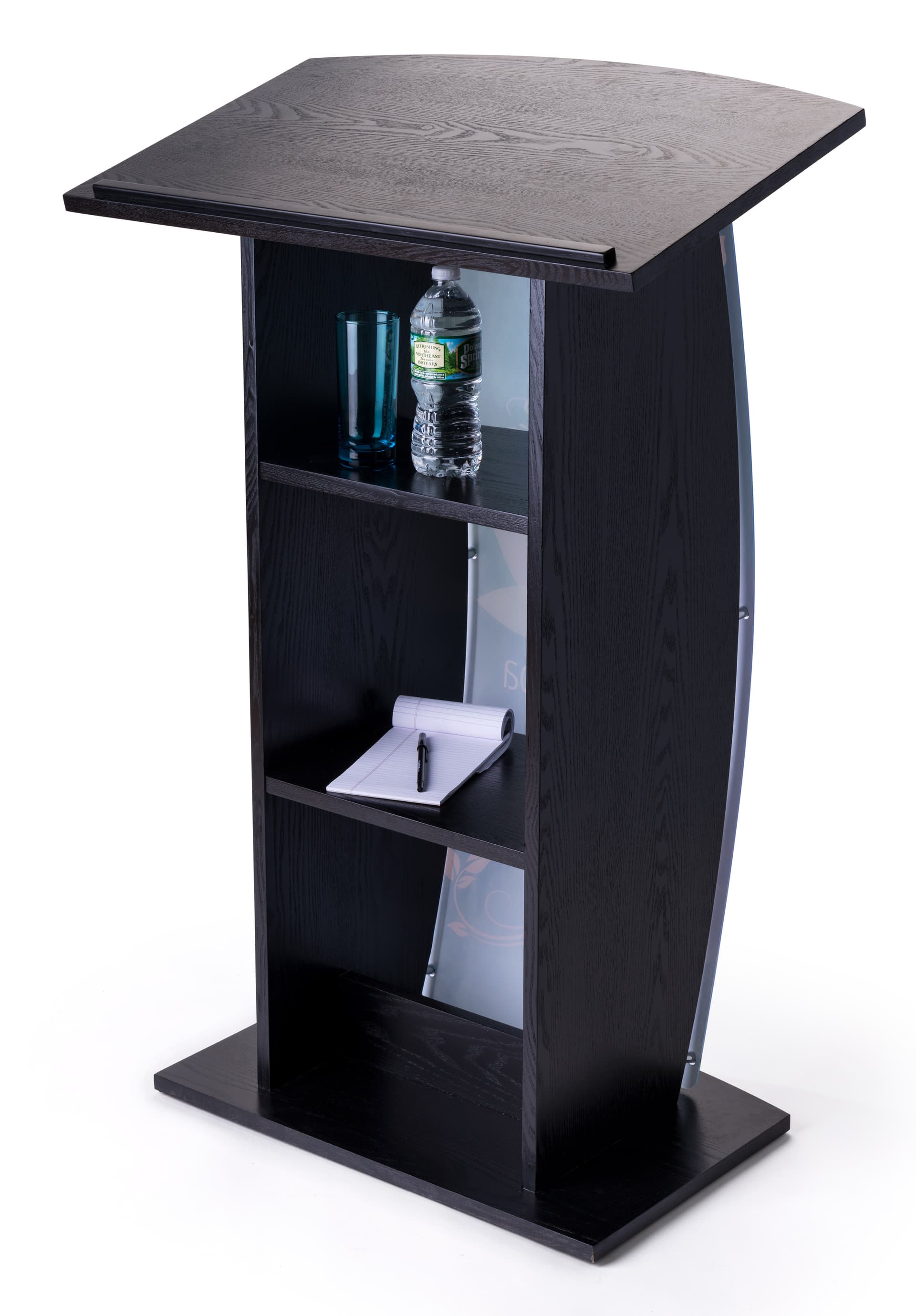 Contemporary curved lectern with custom panel and shelves for presentation essentials