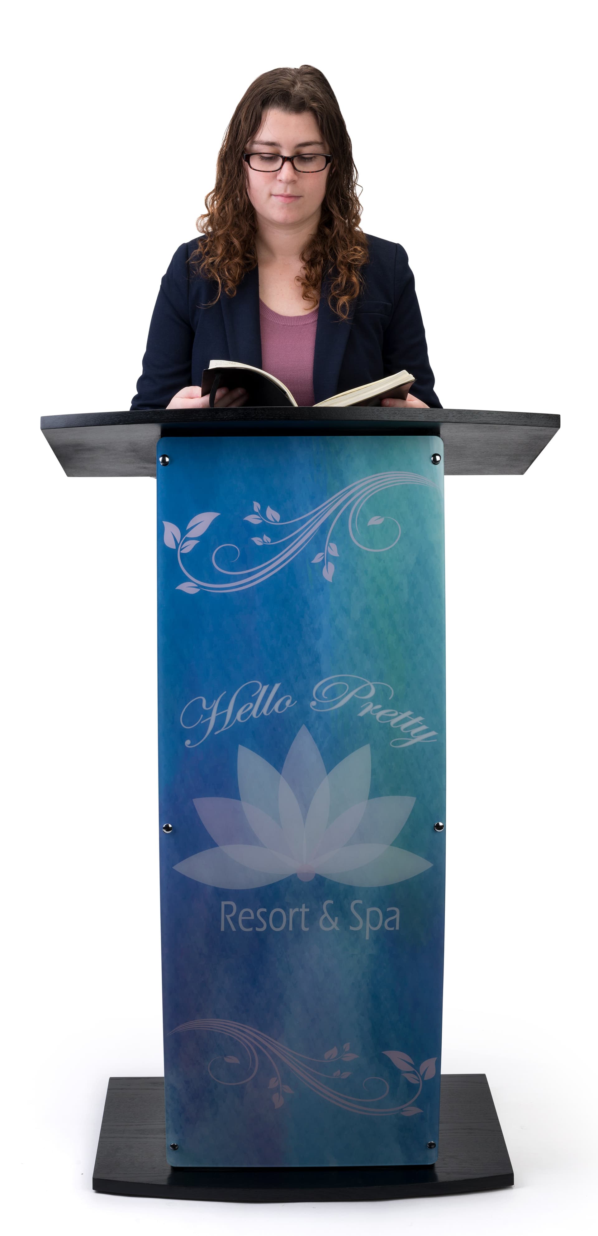 Contemporary curved lectern with custom panel featuring your own artwork