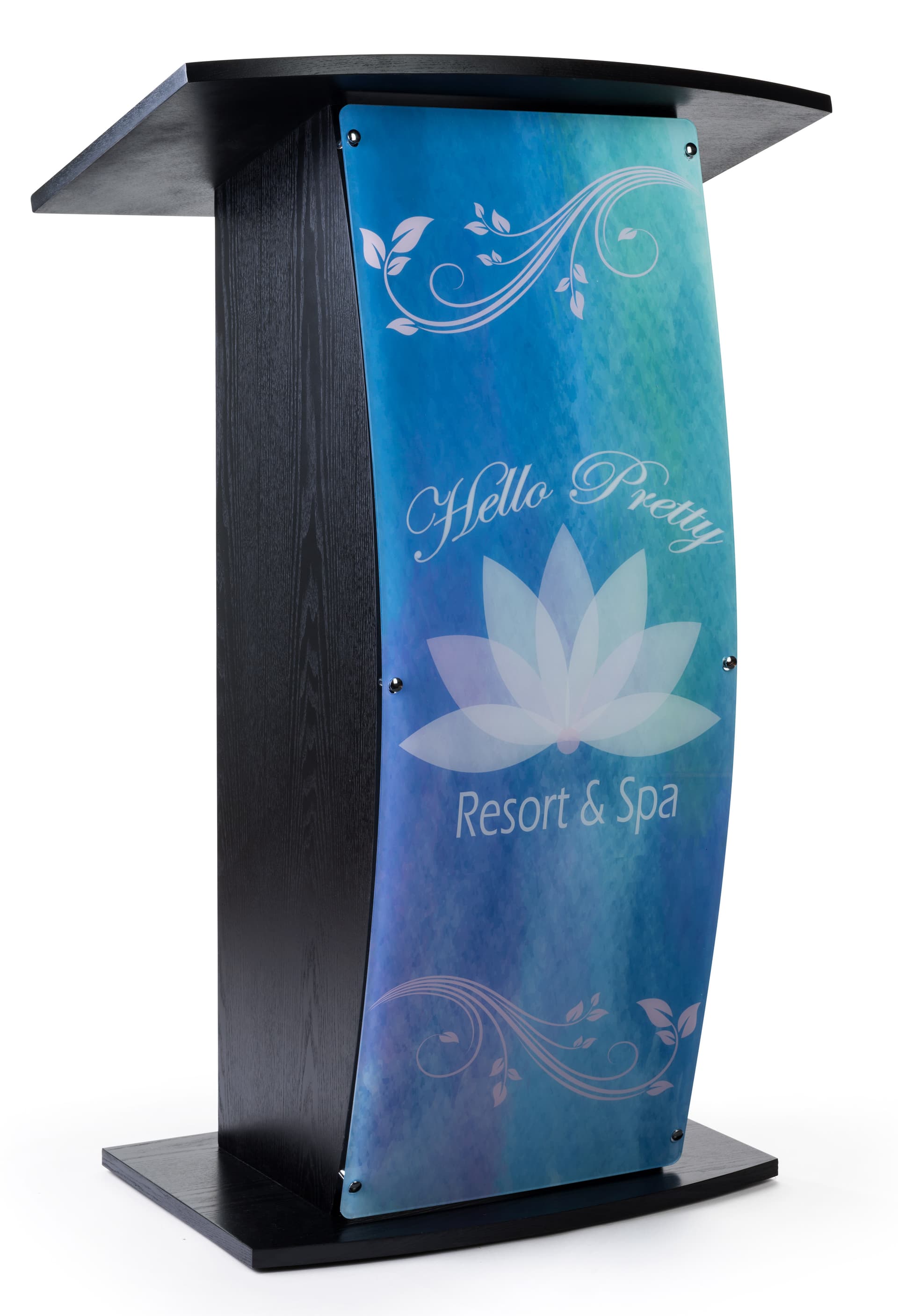 Contemporary curved lectern with custom panel and smudge reducing finish