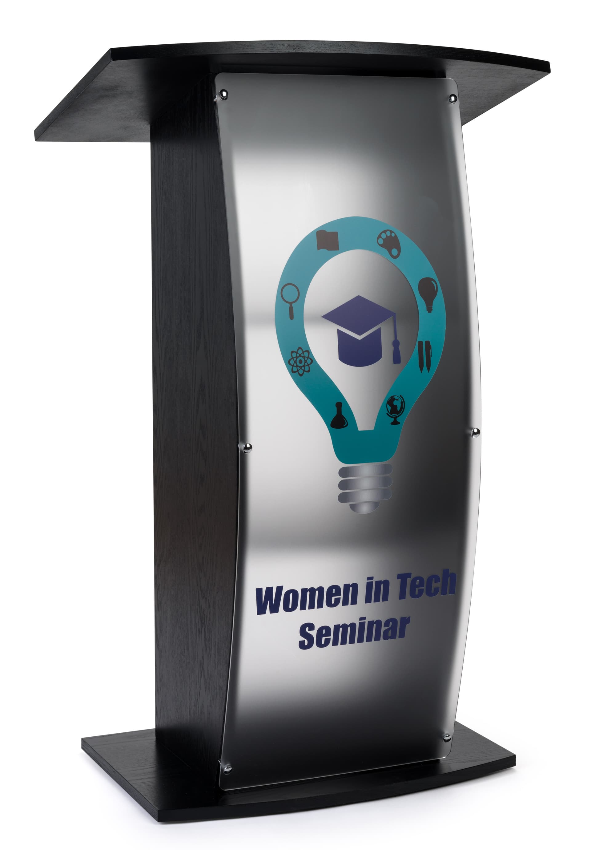 Contemporary curved lectern with custom panel and opaque acrylic front