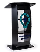 Contemporary curved lectern with custom panel and frosted finish for privacy