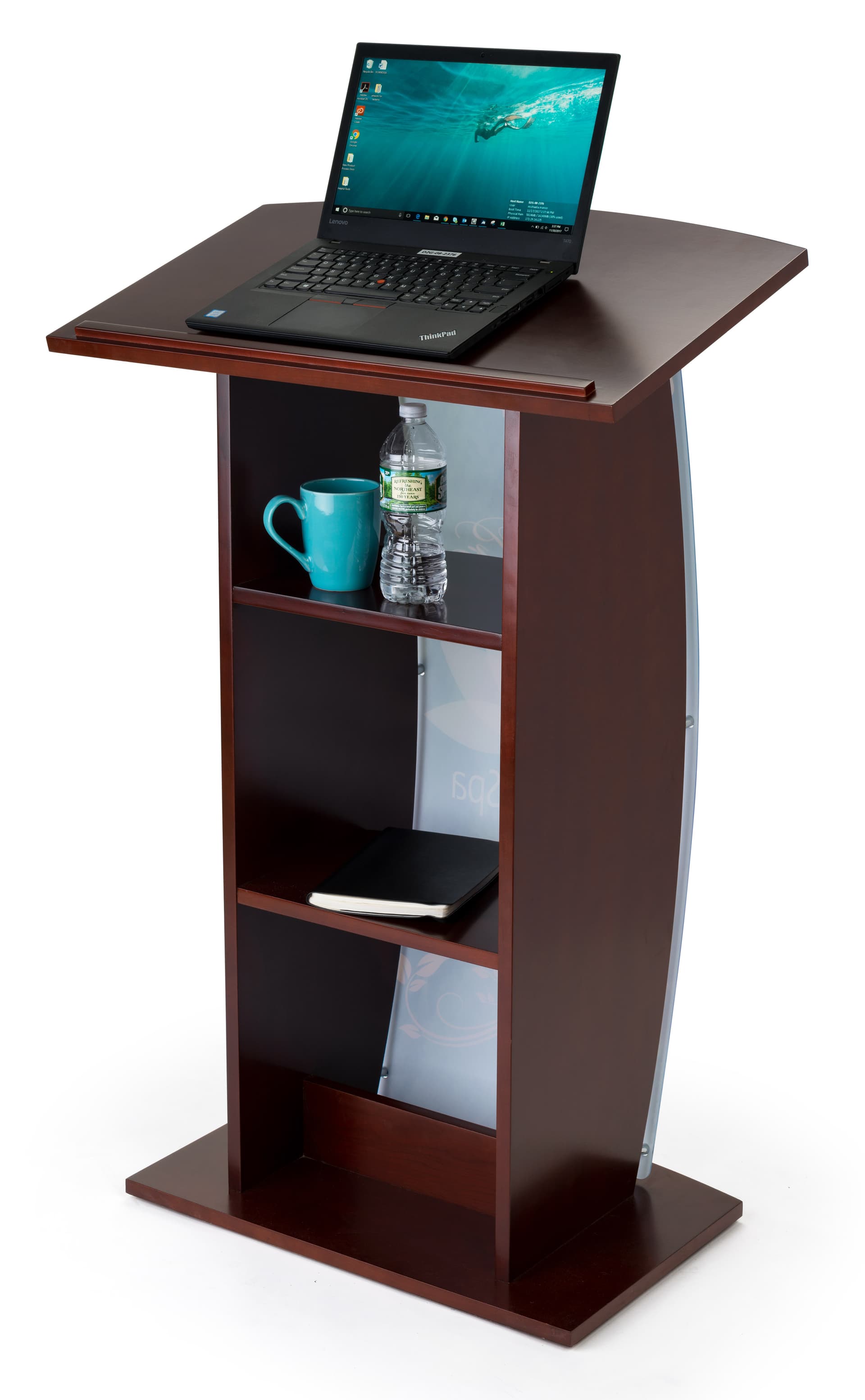 Contemporary lectern with custom curved panel and storage for presentation accessories