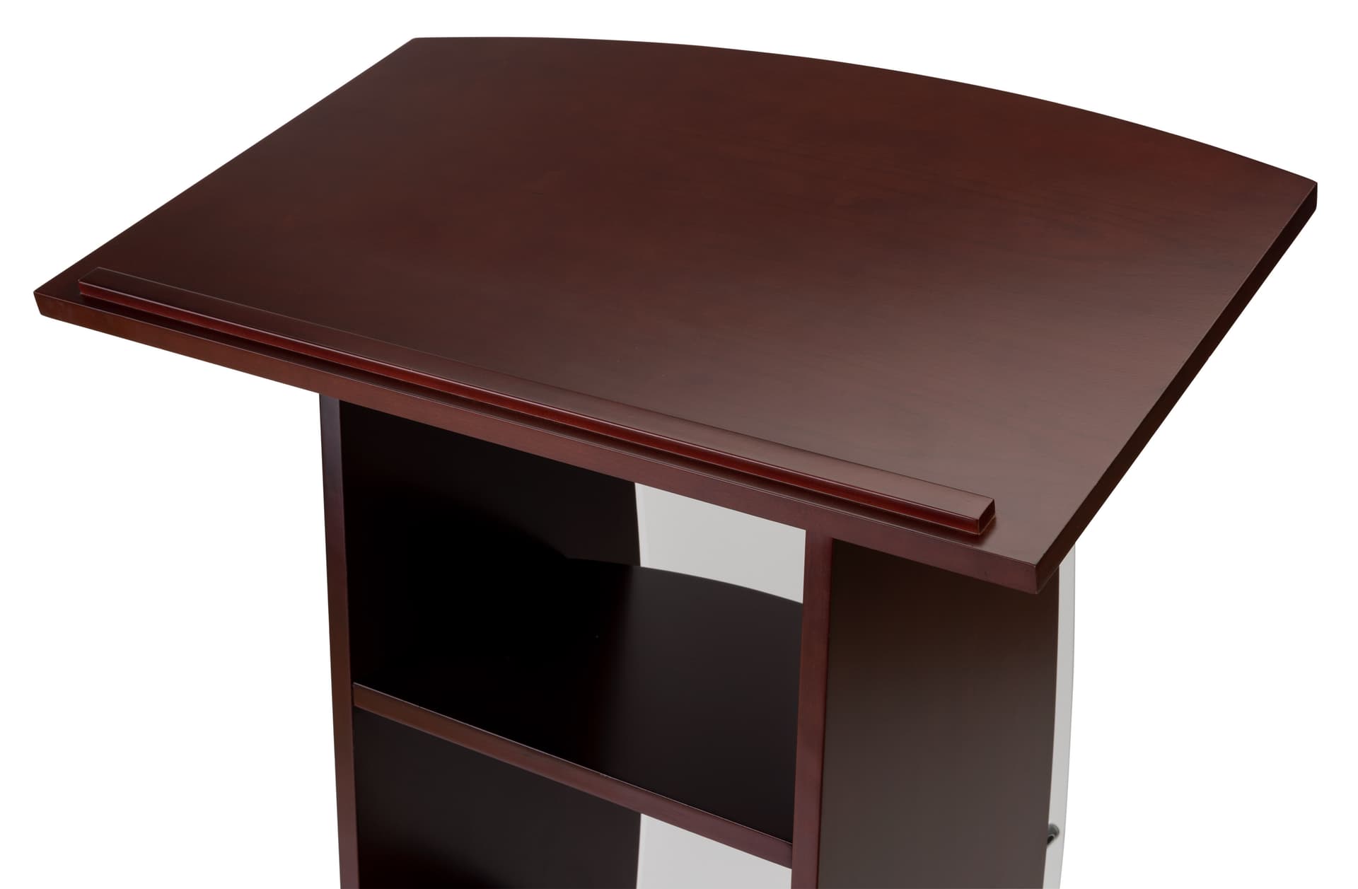 Contemporary lectern with custom curved panel and large reading surface for notes or laptop