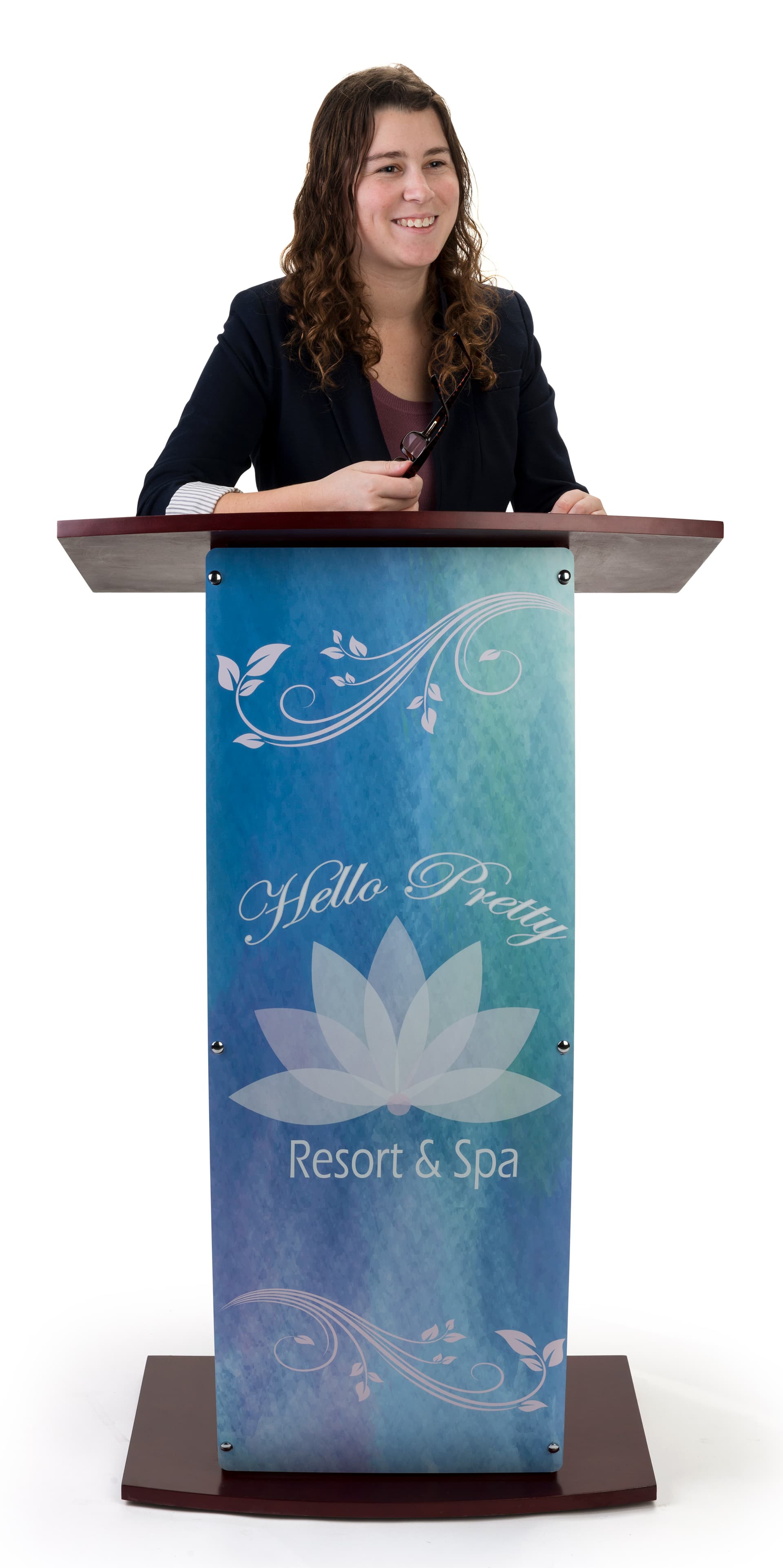 Contemporary lectern with custom curved panel to showcase logos or graphics