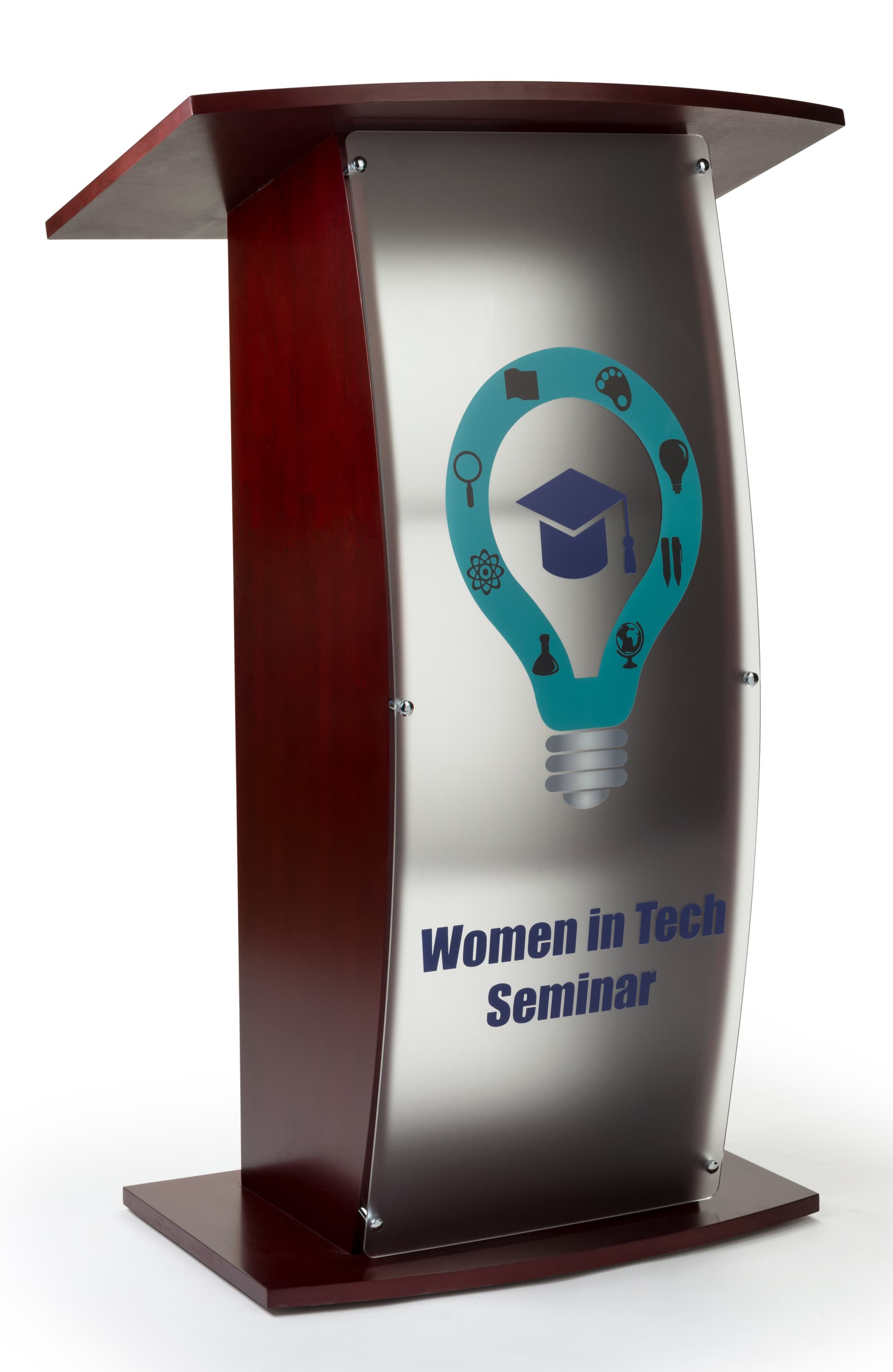 Contemporary lectern with custom curved panel with UV Digital Printing