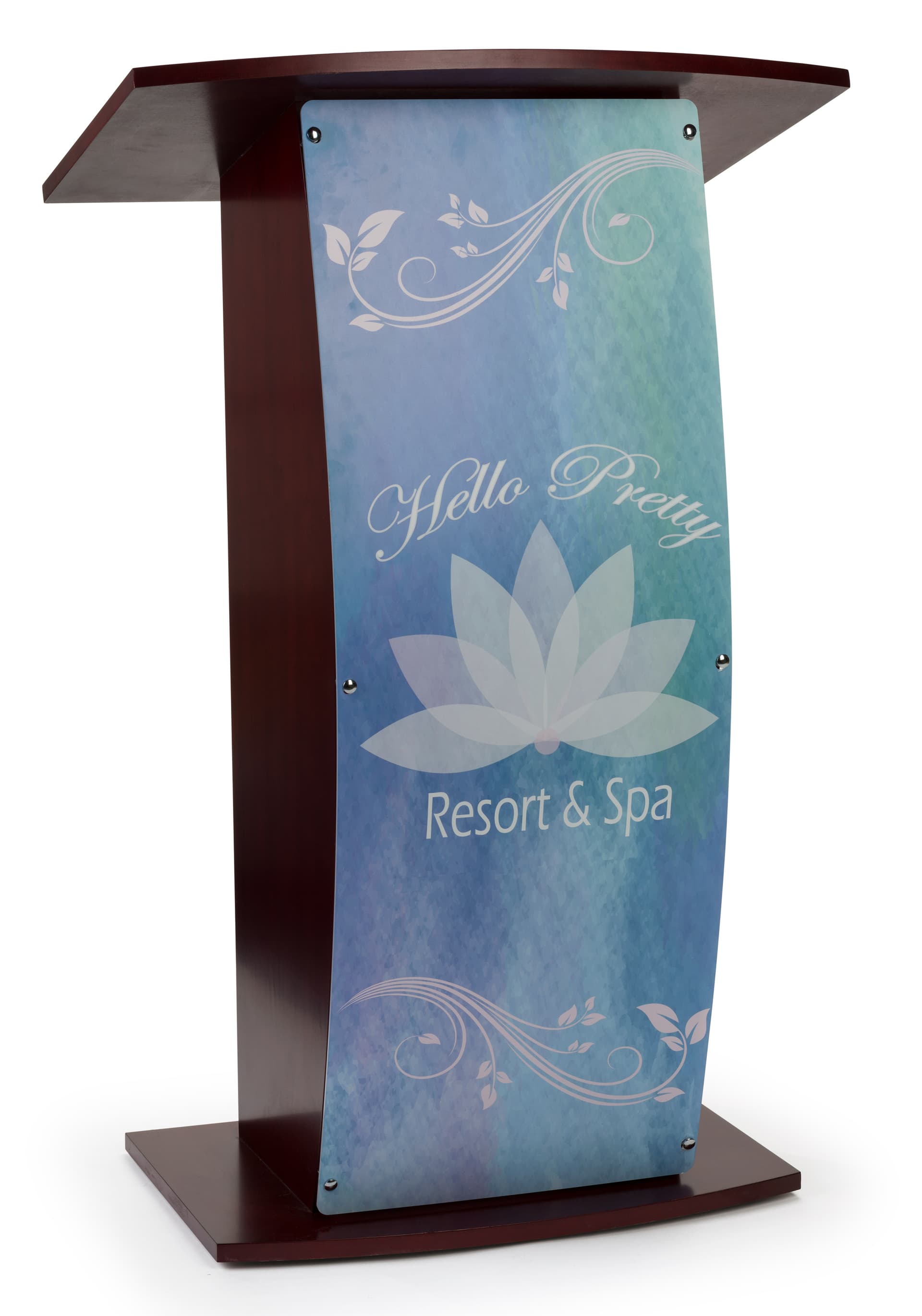 Contemporary lectern with custom curved panel featuring personalized graphics