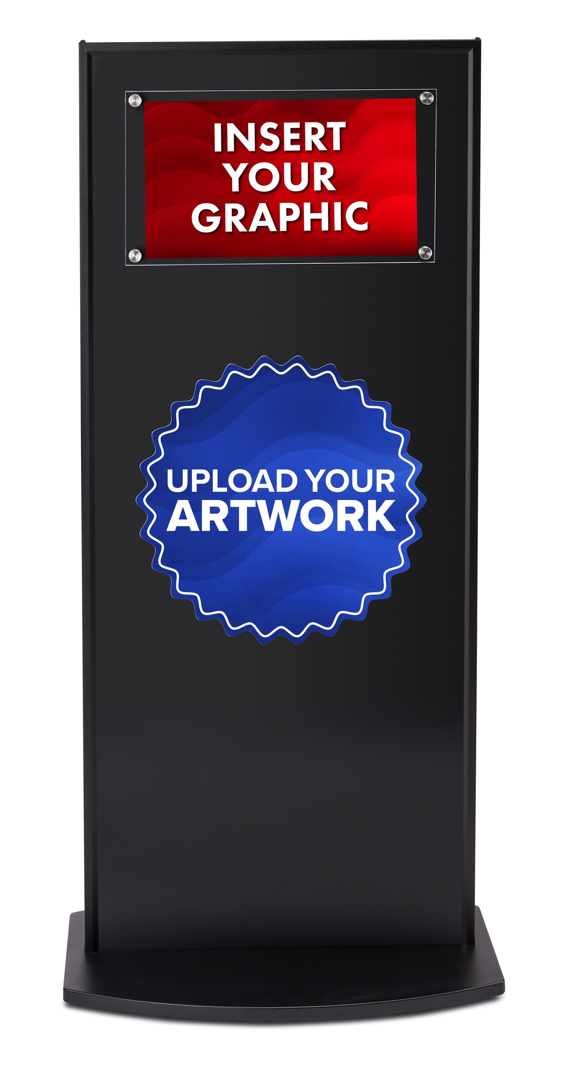 Custom floating standoff sign stand with customizable adhesive bottom graphic 