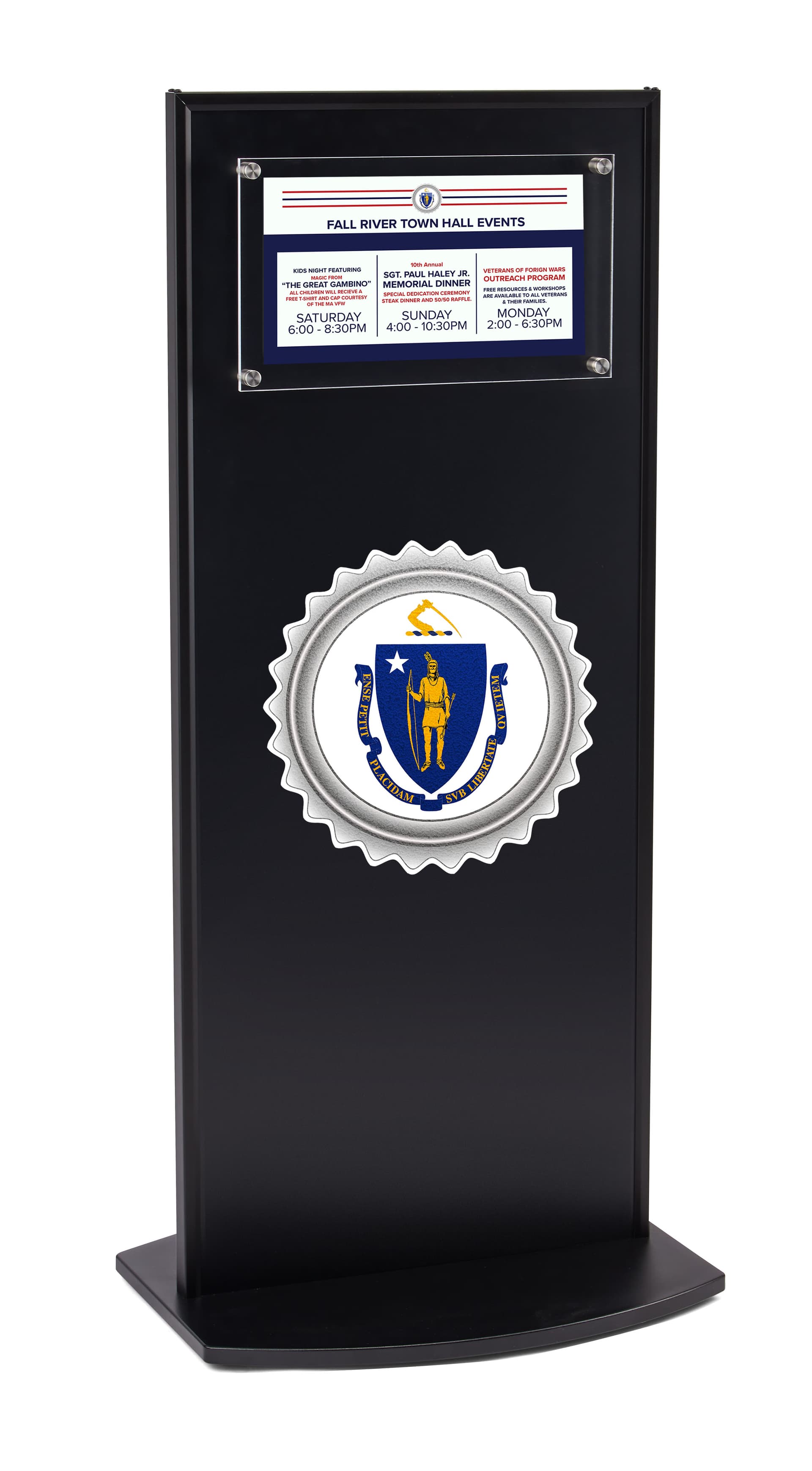 Custom floating standoff sign stand with 14" W x 8.5" H acrylic sign