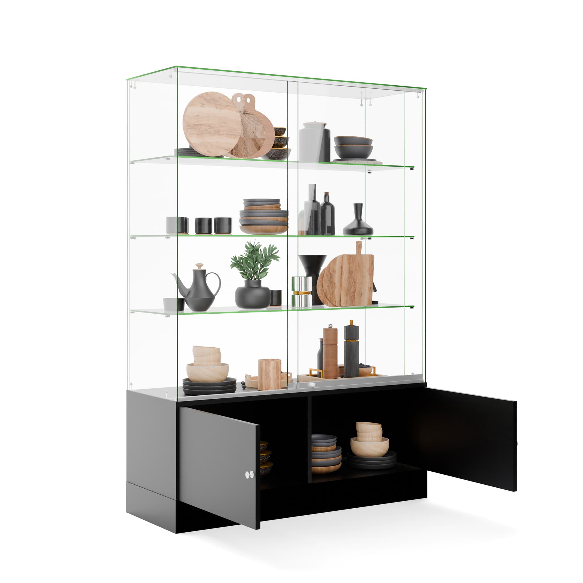 Free standing display case with modern design and two storage compartments