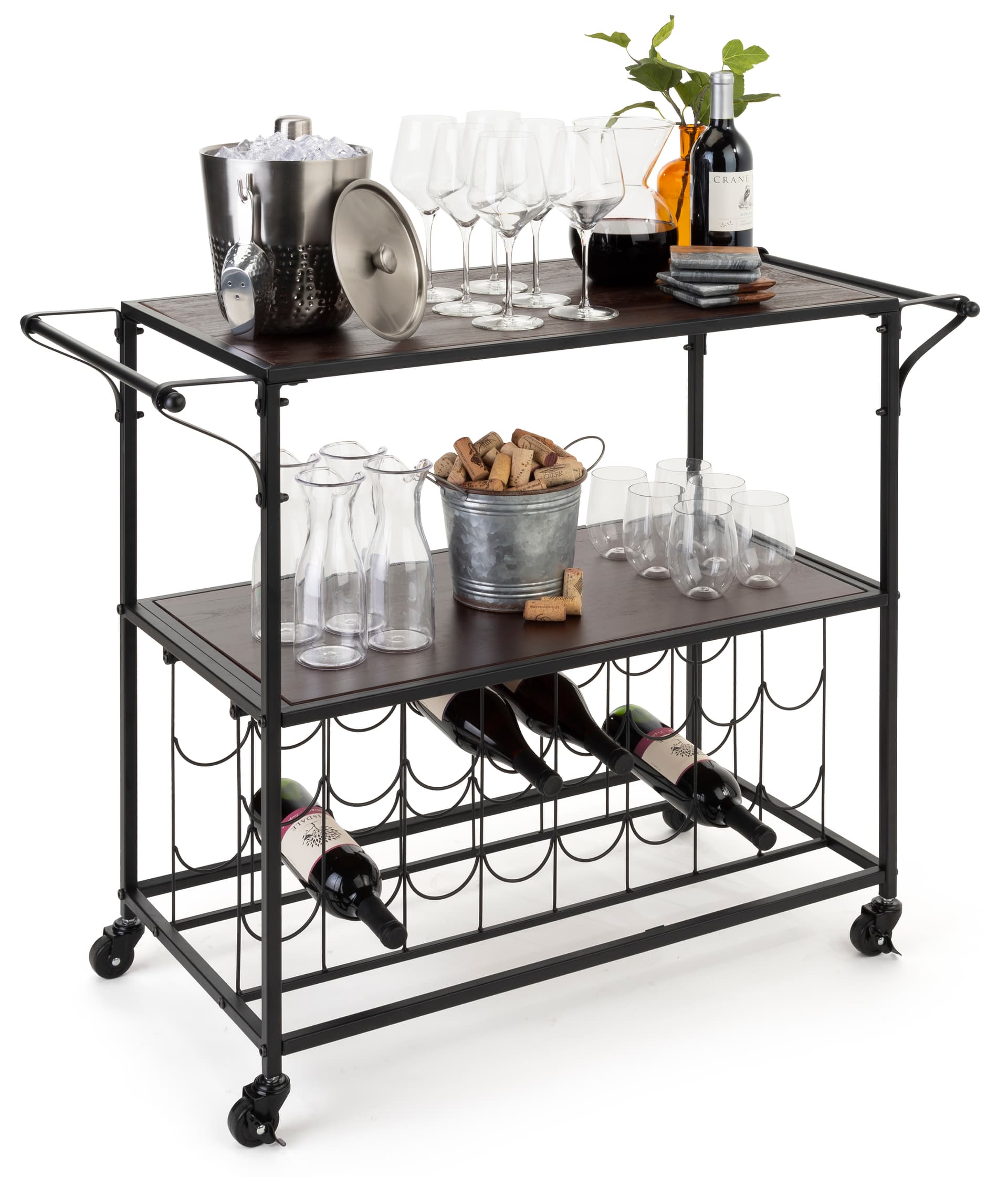 Two-tiered liquor cart with wine rack includes dark brown wooden shelving 