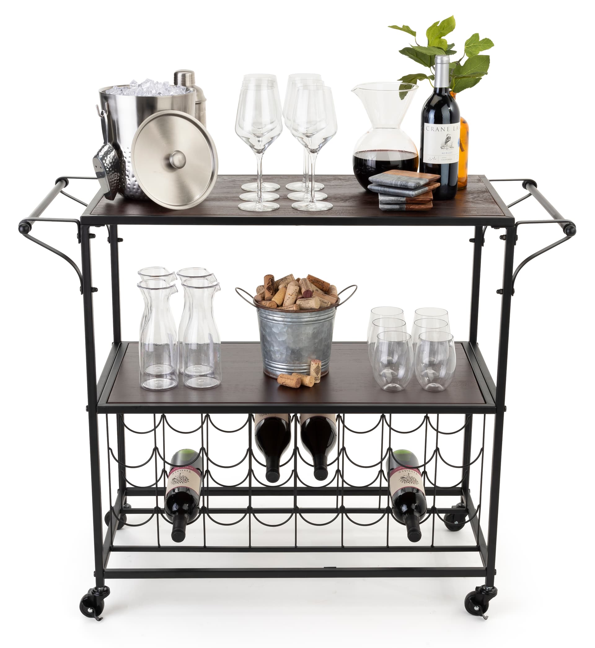 Portable liquor cart with wine rack includes 4 caster wheels 