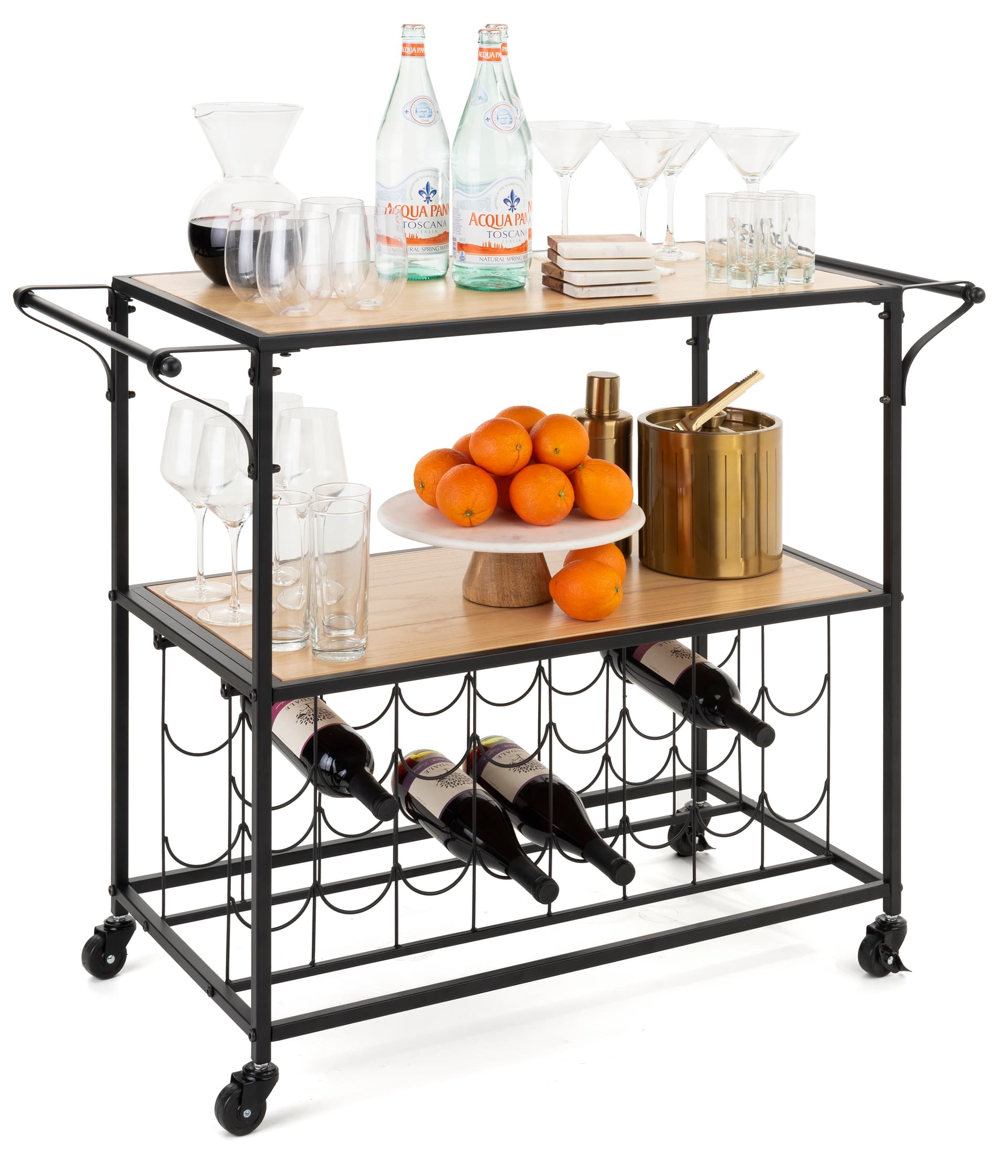 Liquor cart with wine rack includes two locking and non locking wheels 