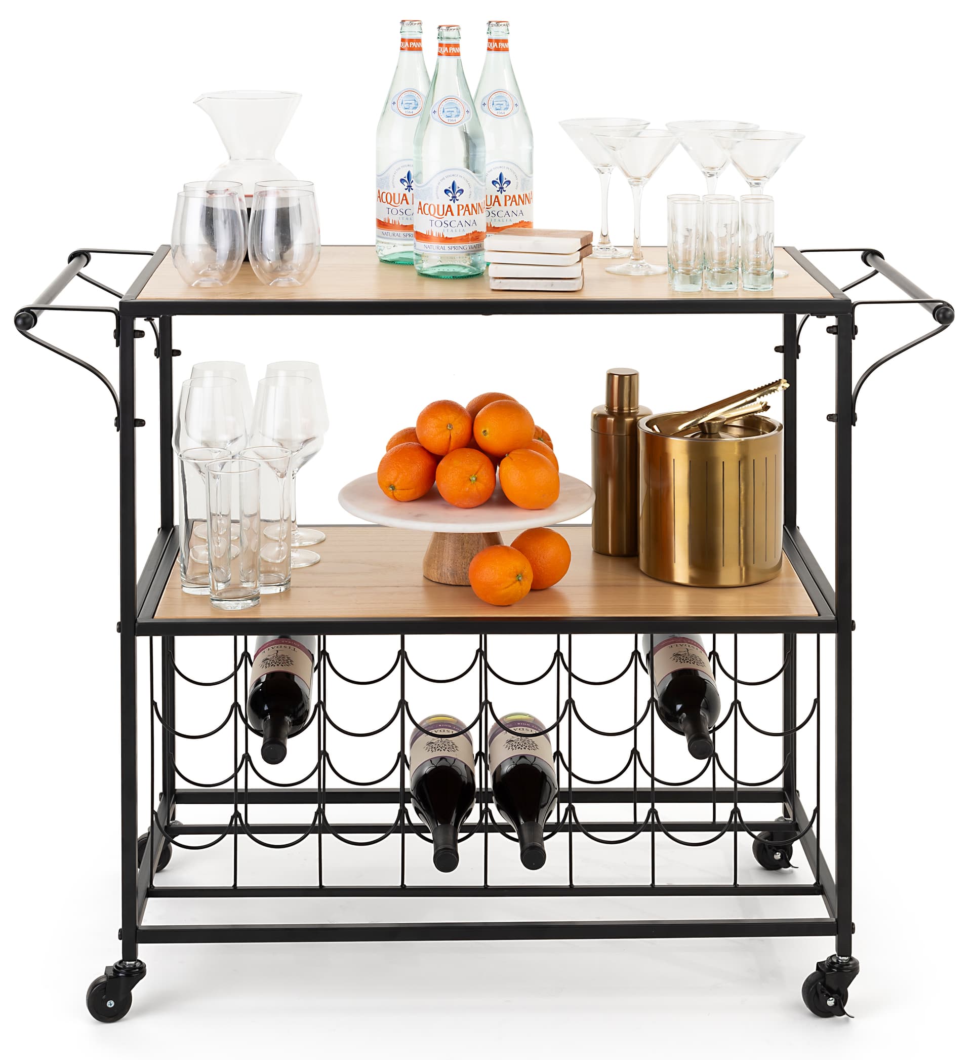 31 inch liquor cart with wine rack with 2 non locking caster wheels 