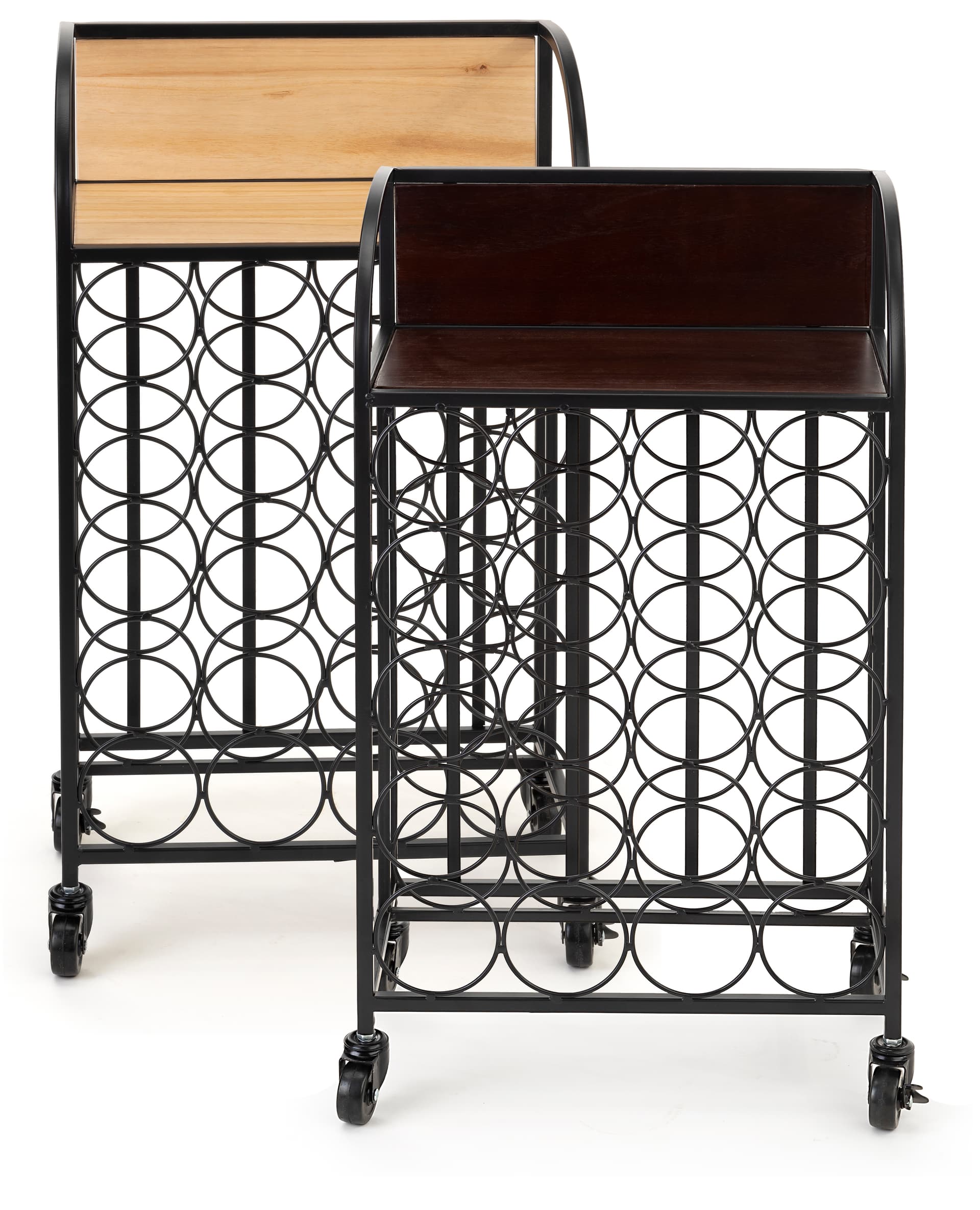 Wine rack with wheels features a 17 x 8 wooden display shelf 