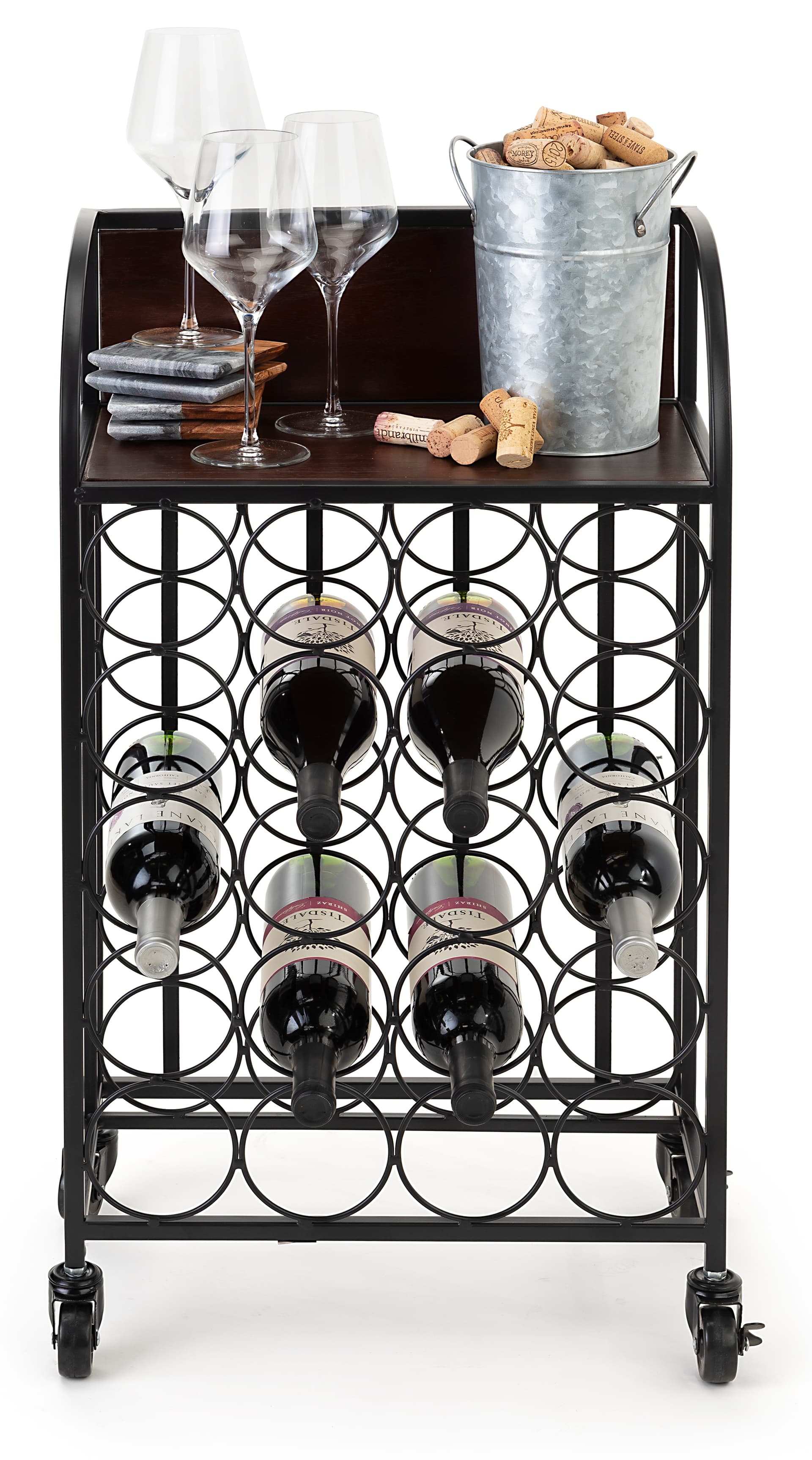 Wine rack with wheels and wooden shelf that holds 44 pounds of weight