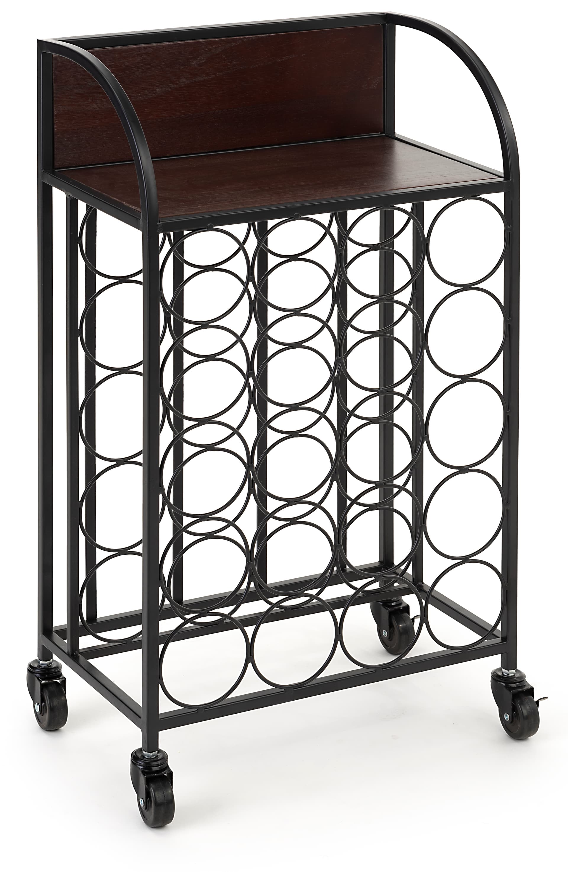 Wine rack with wheels and dark brown wood shelving 