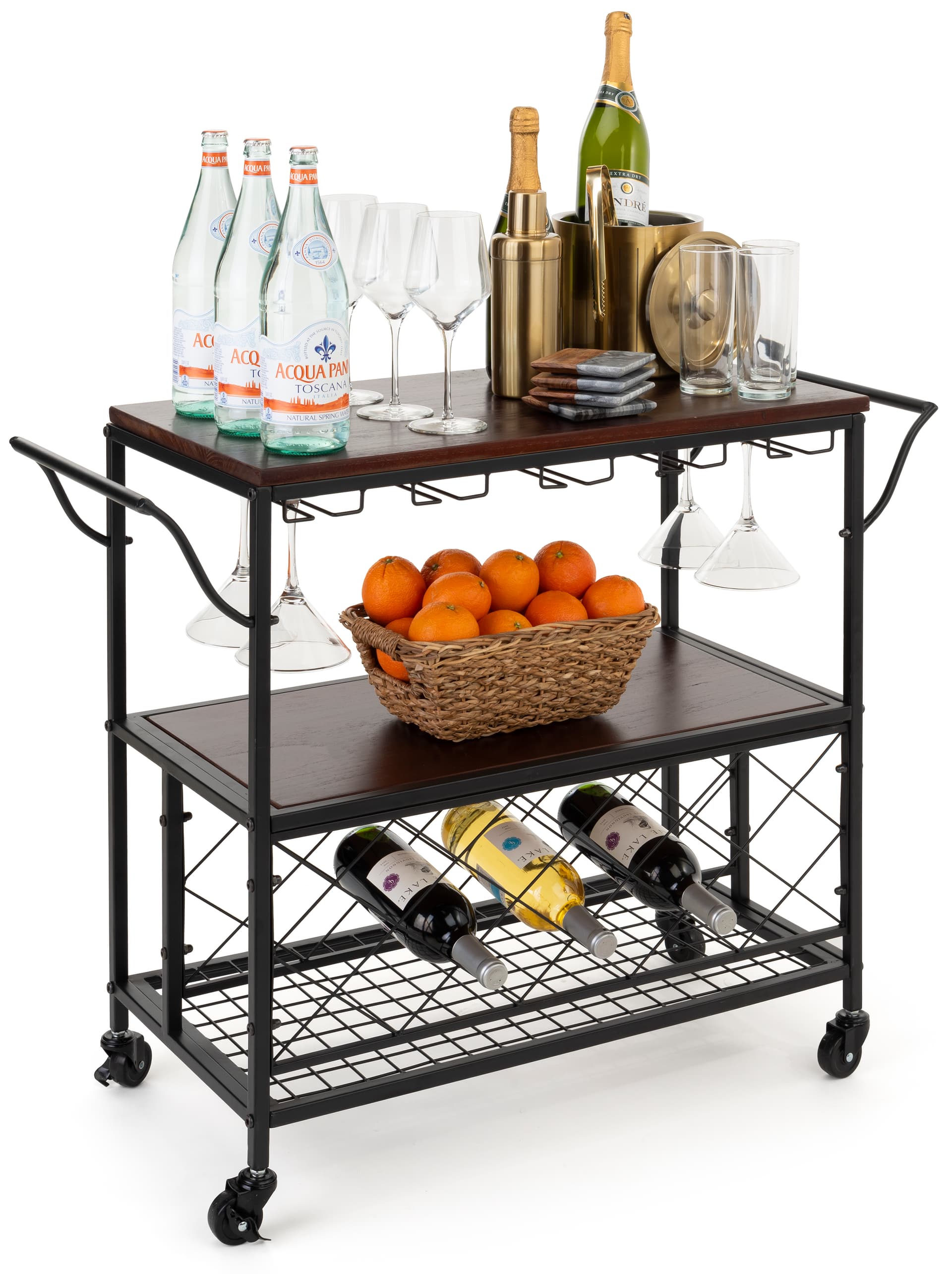 Beverage cart with wine storage and 5 glassware holders 