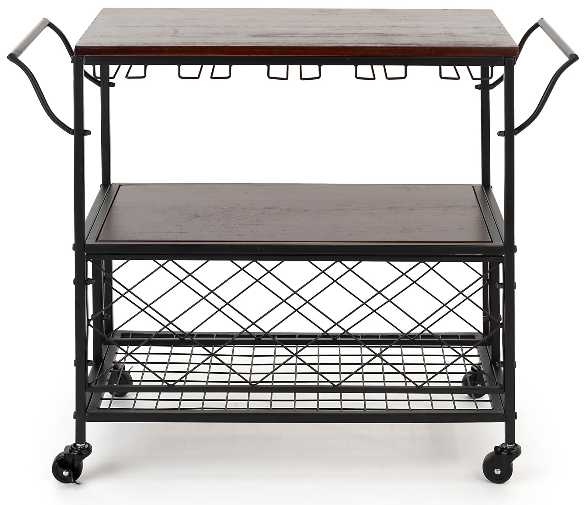 Beverage cart with wine storage holds up to 15 stemware glasses 