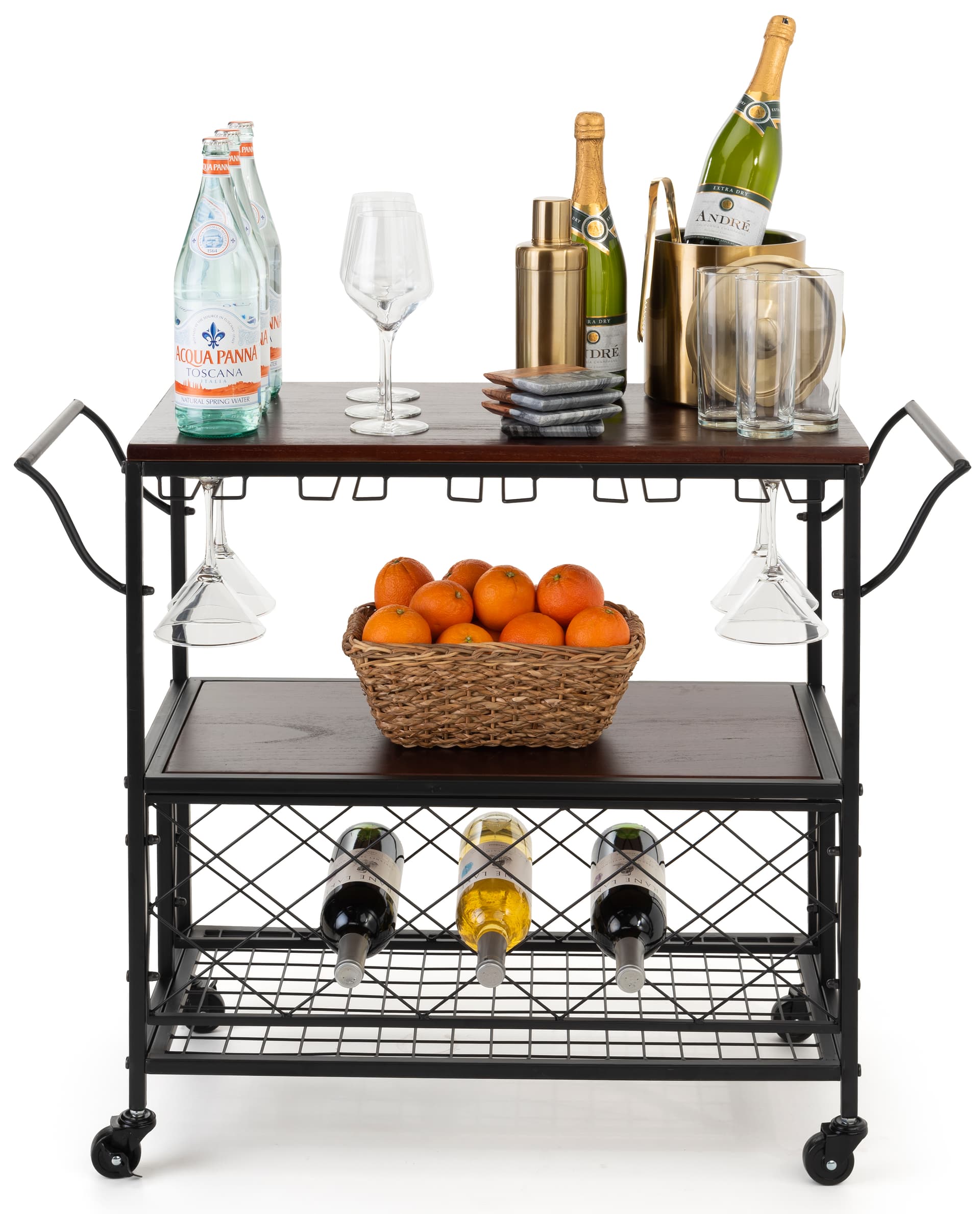 Three-tiered beverage cart with wine storage and pull handles 