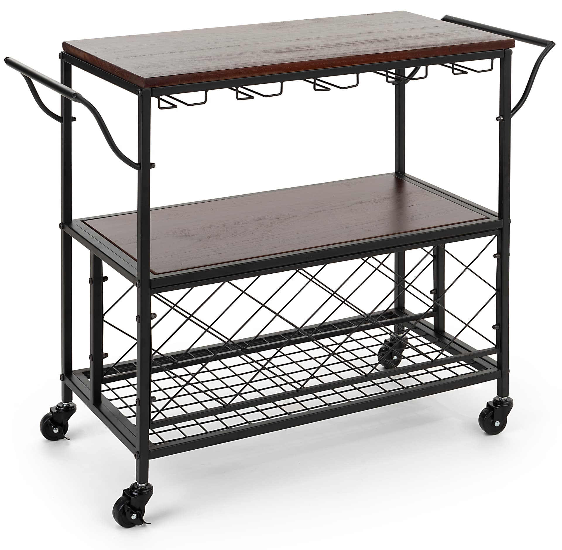 Beverage cart with wine storage features two curved handles 