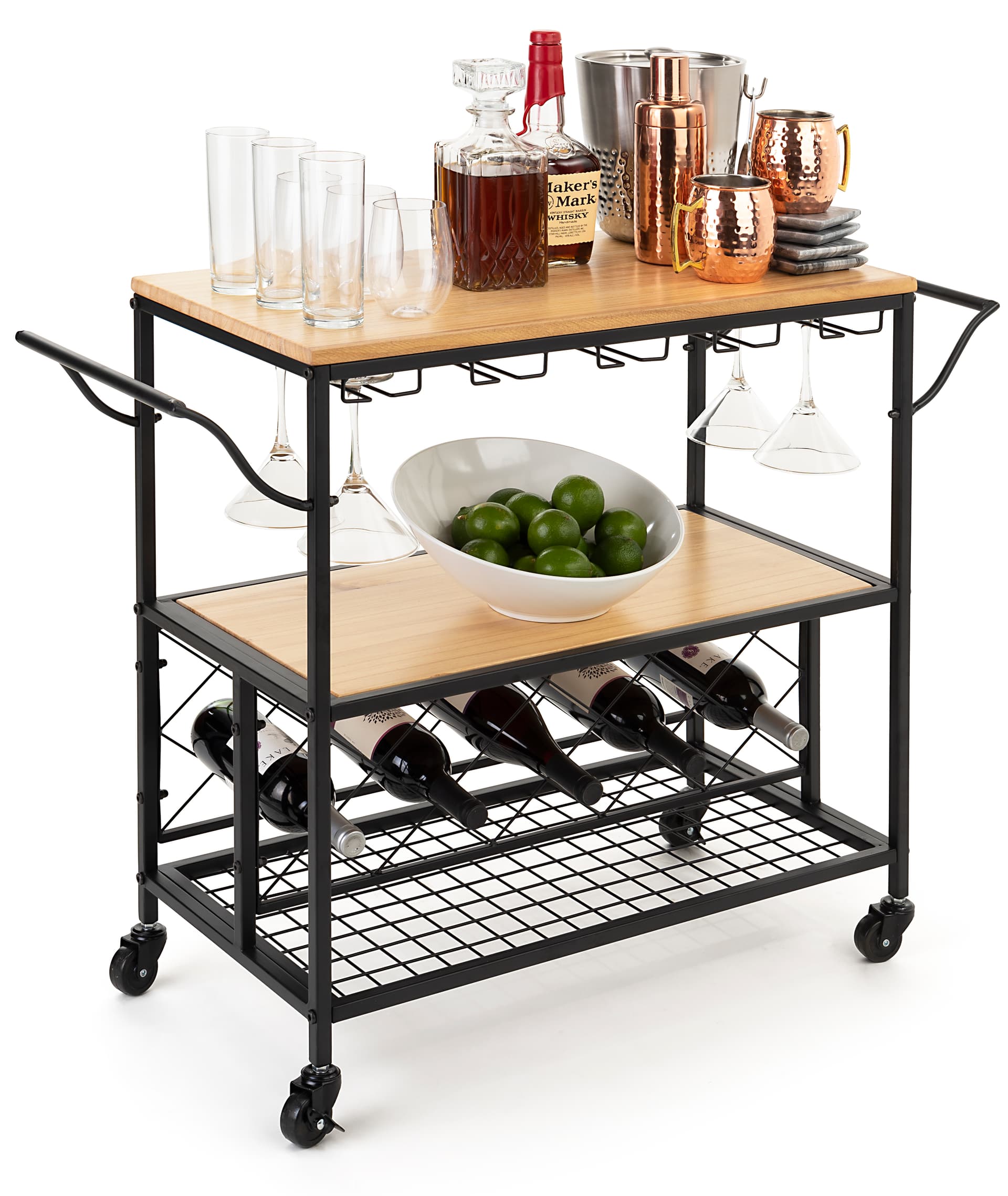 Beverage cart with wine storage and three tiered shelving 