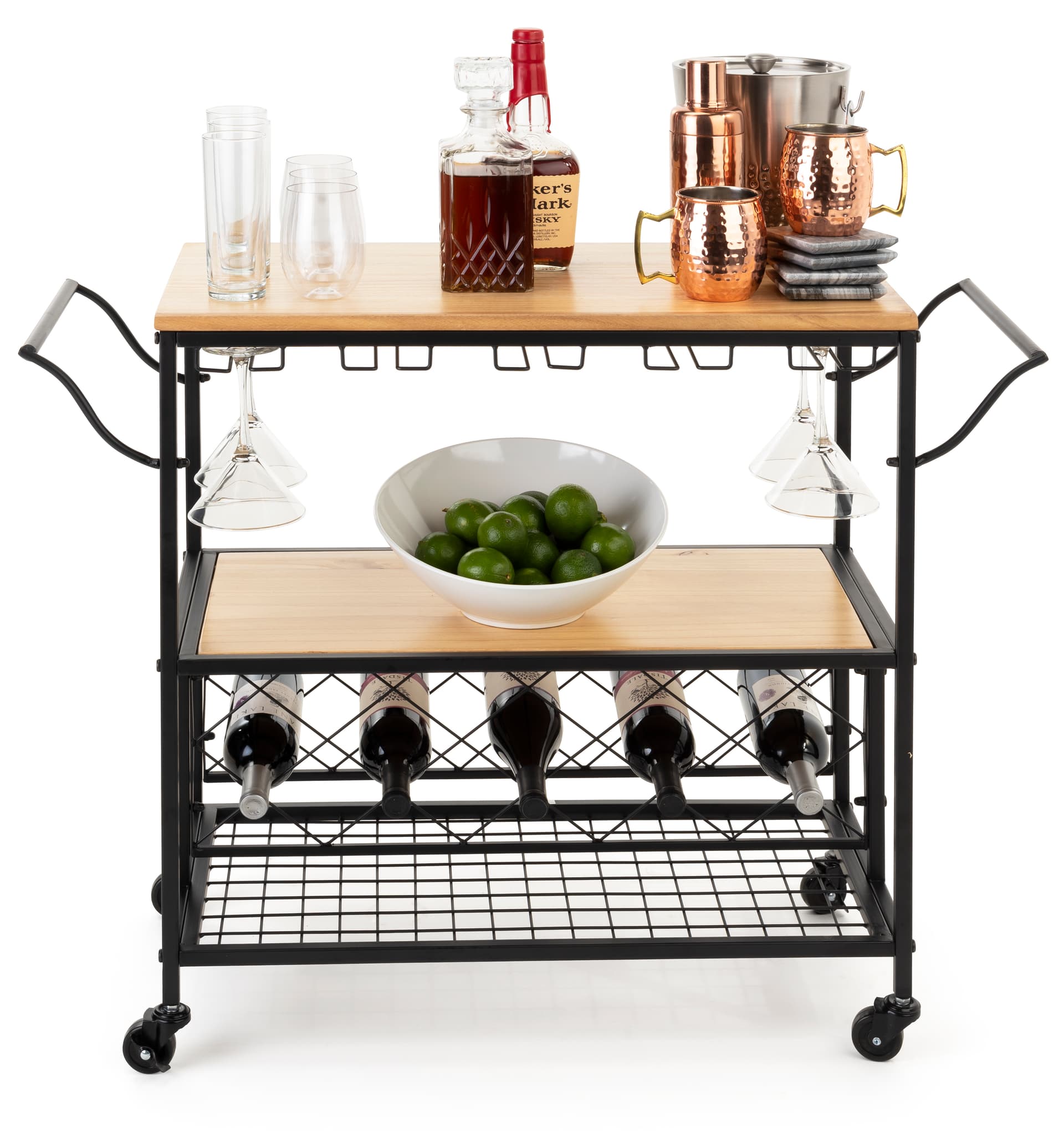 Iron metal beverage cart with wine storage and black caster wheels 