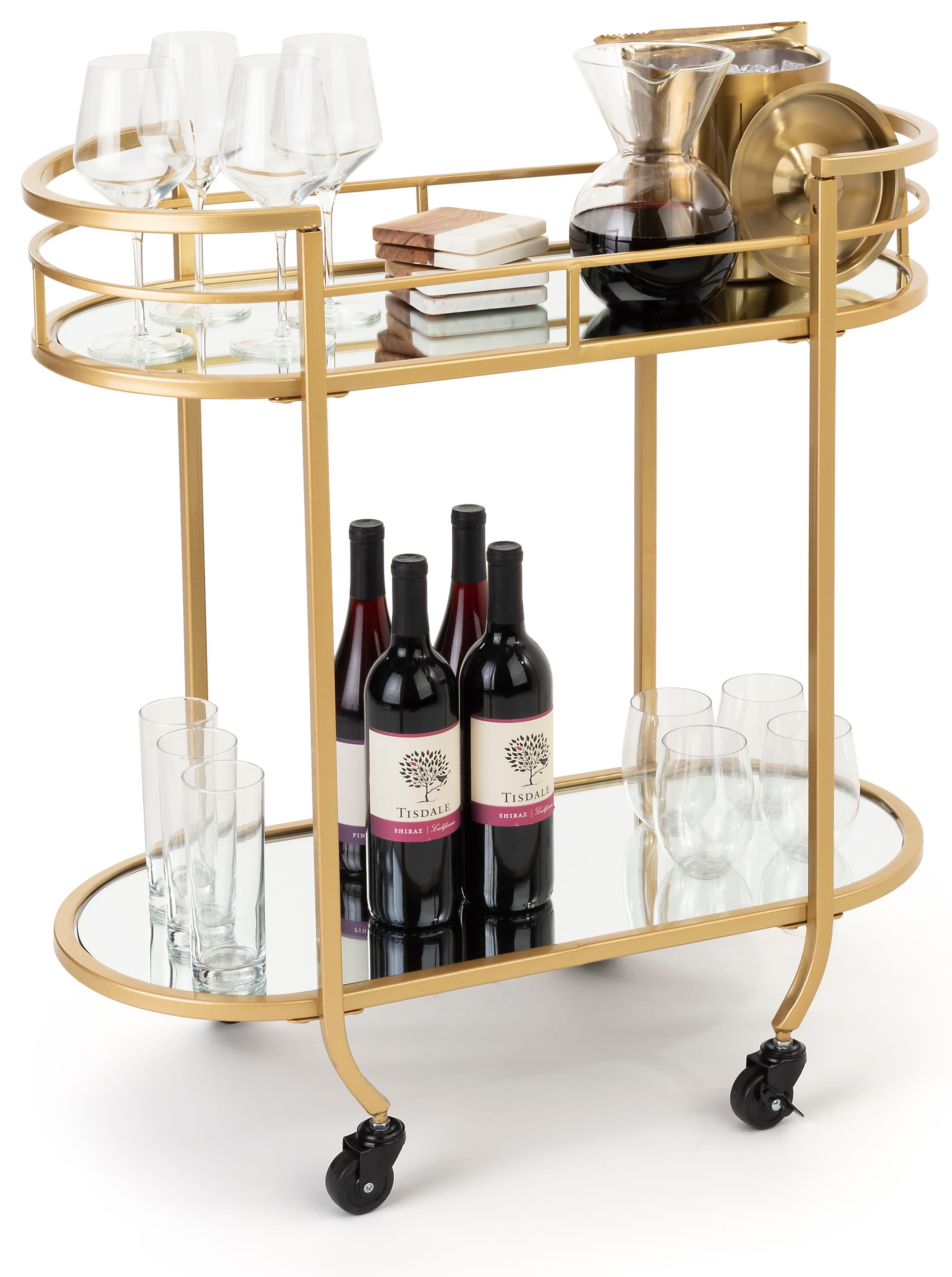 Portable oval serving cart on wheels with two shelving tiers 