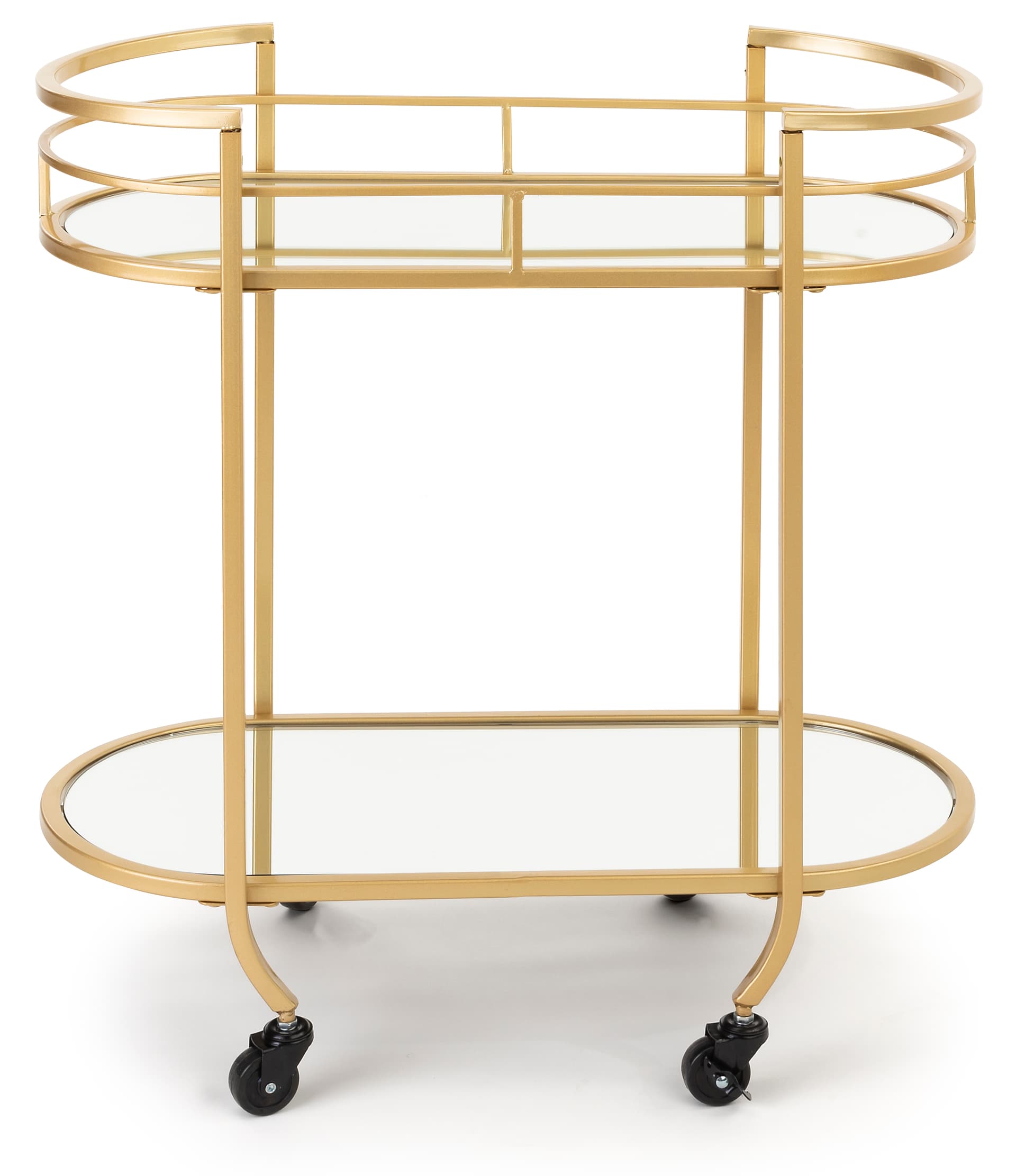 Oval serving cart on wheels with power coated metallic finish 