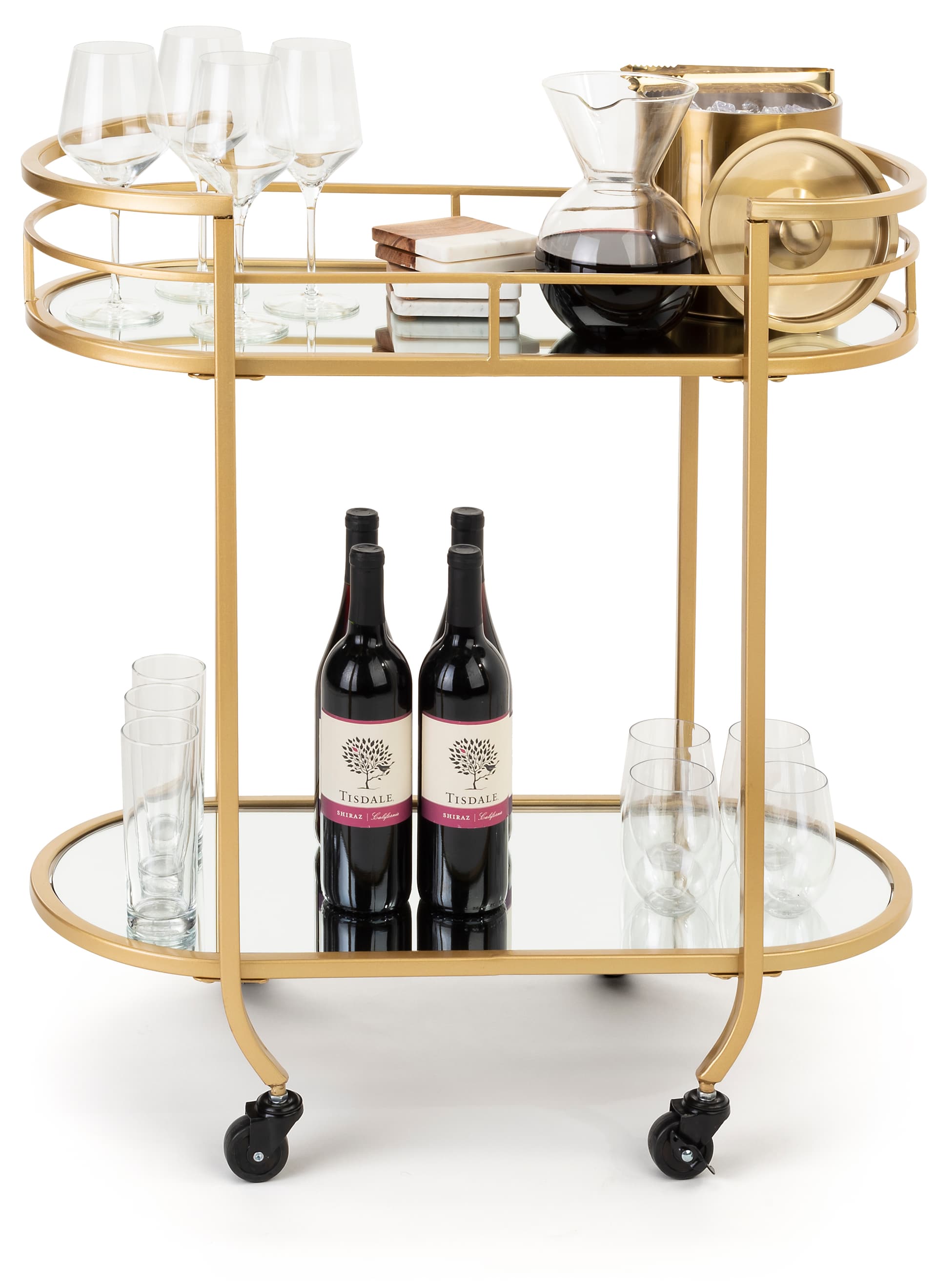 Oval serving cart on wheels with glam and art deco design aesthetic 