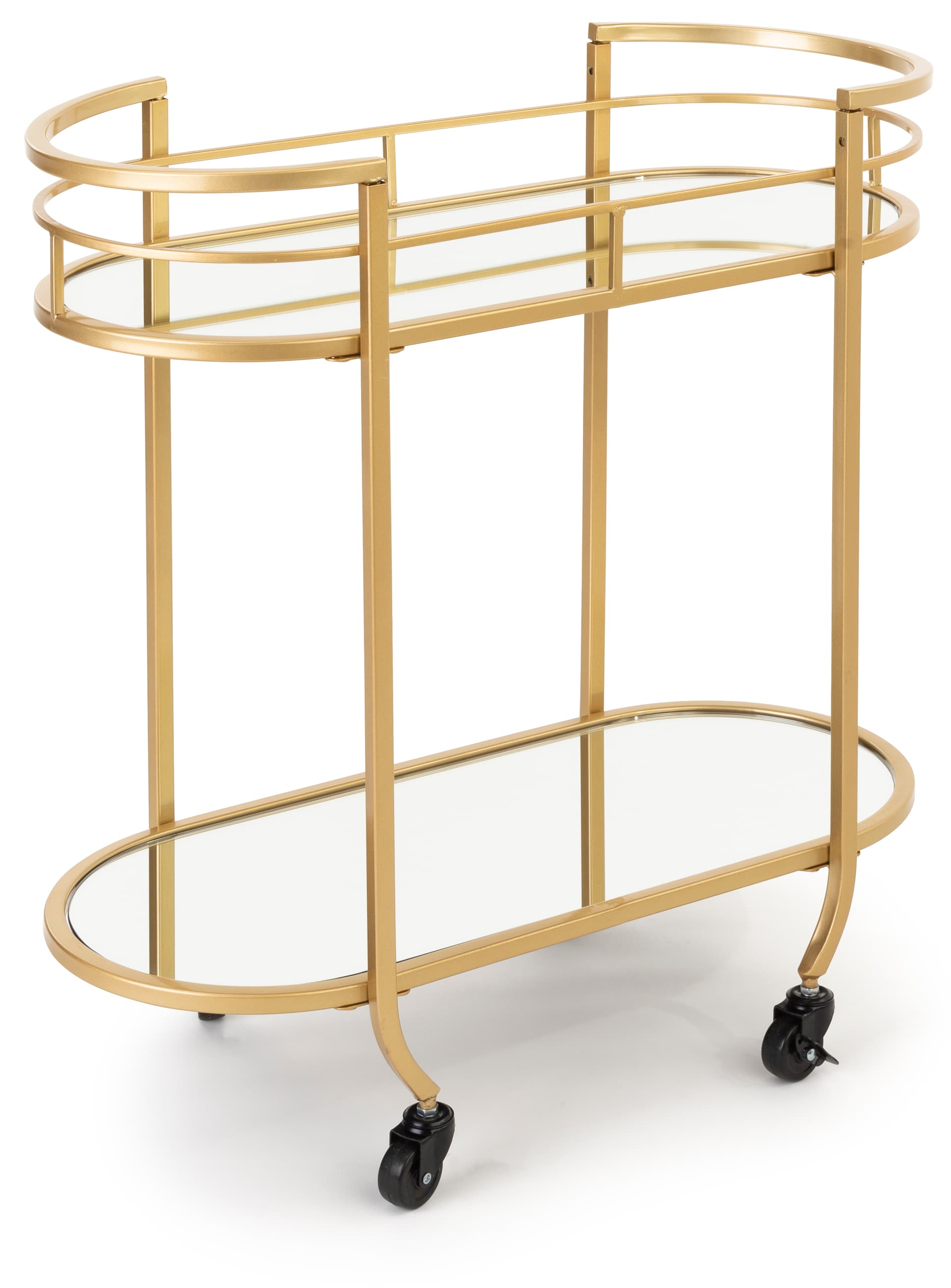 Oval serving cart on wheels with satin gold finish 