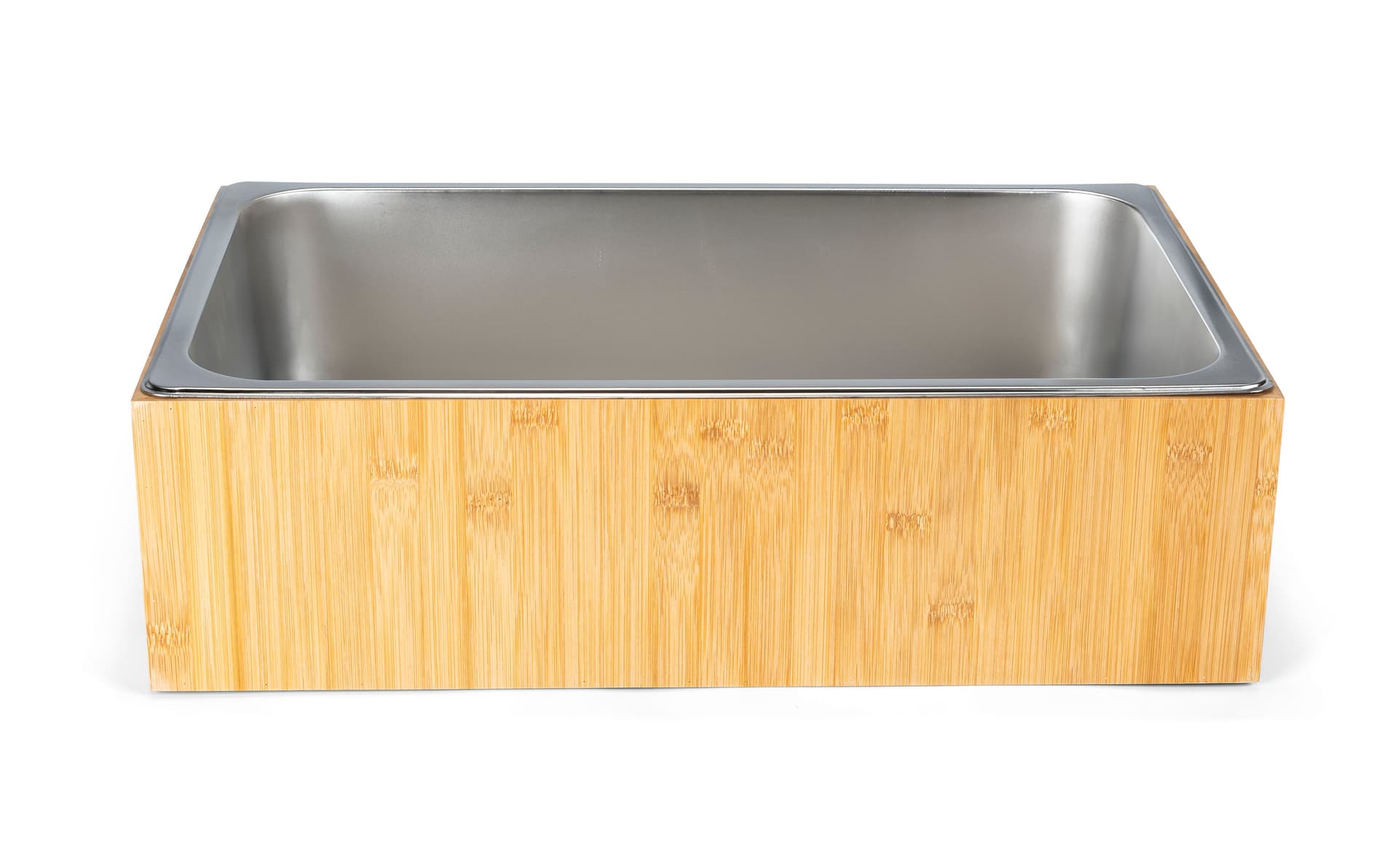 Ice pan with bamboo housing has a large 12 by 20 inch size